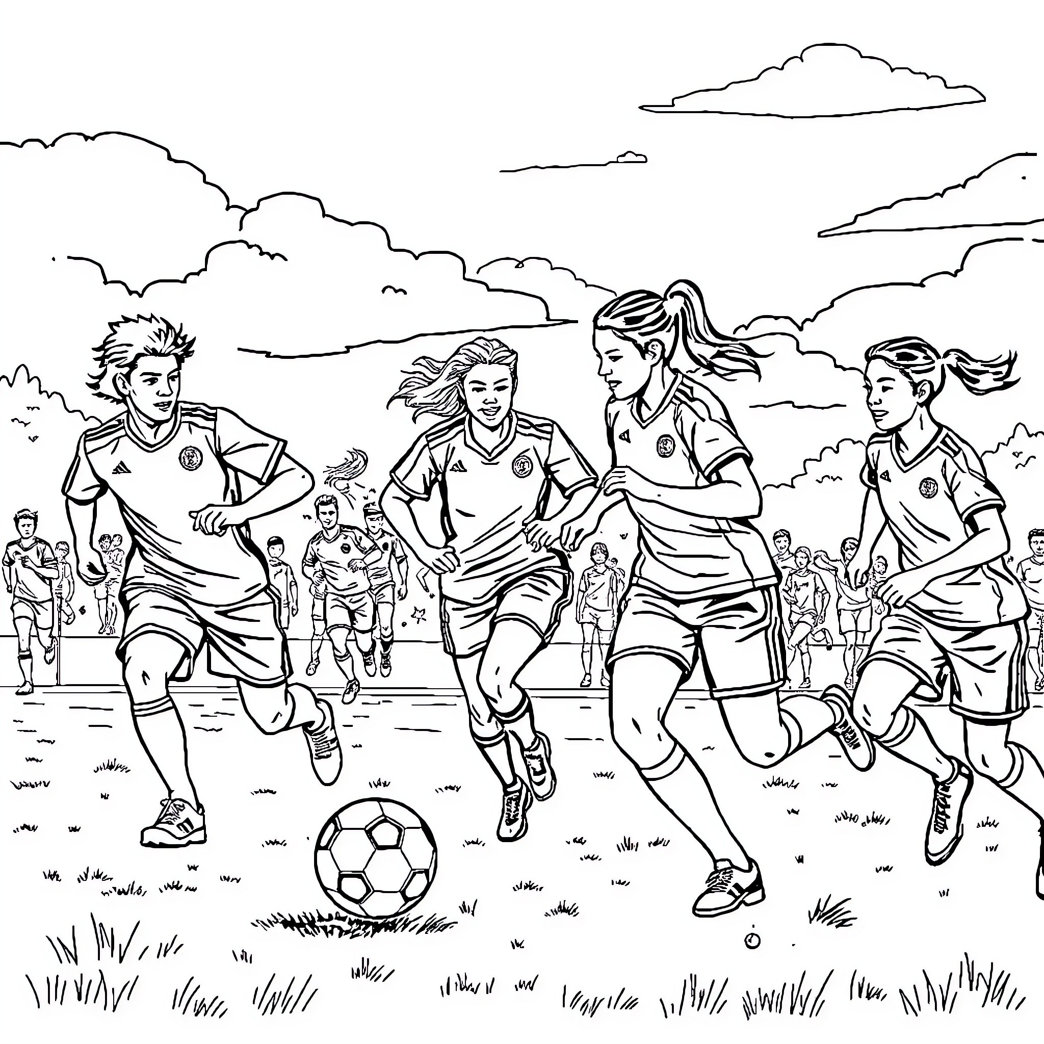 Football Players in Action on the Field Coloring Page (free black-and-white line drawing printable PDF for all, from beginners to advanced learners, including children, teens, adults, and seniors)