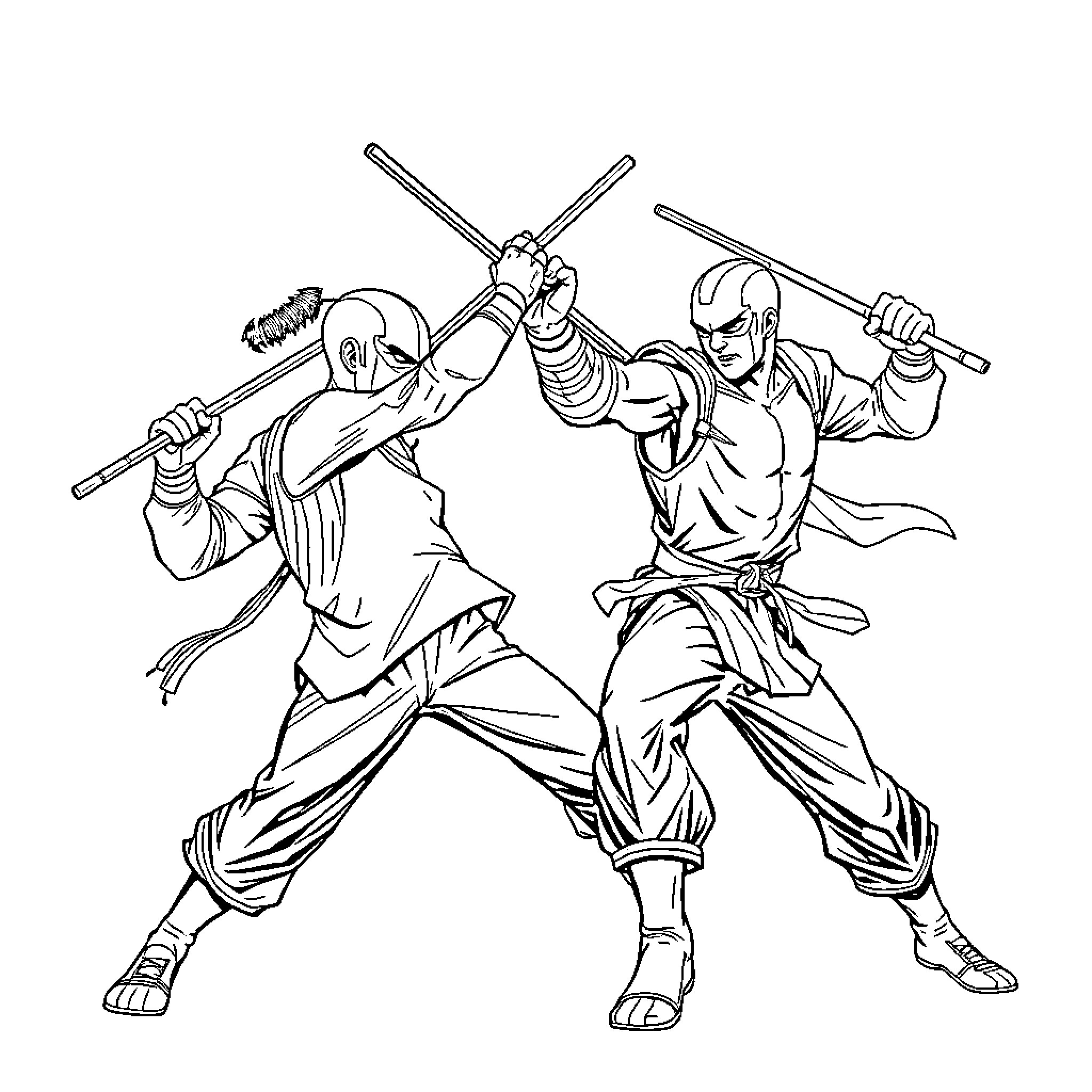 Superhero martial artists engaged in intense combat Coloring Page (free black-and-white line drawing printable PDF for all, from beginners to advanced learners, including children, teens, adults, and seniors)