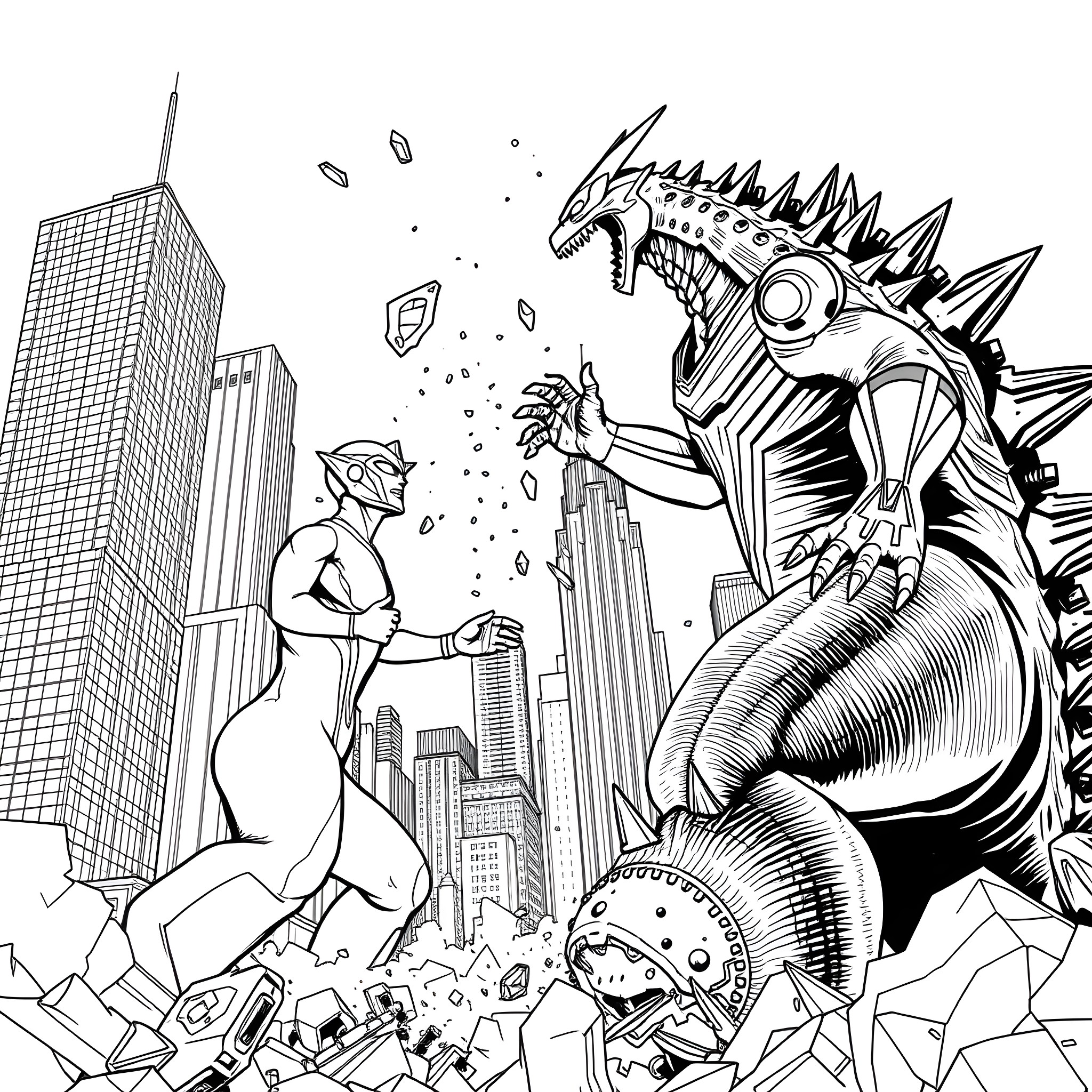 Godzilla rampaging through a cityscape Coloring Page (free black-and-white line drawing printable PDF for all, from beginners to advanced learners, including children, teens, adults, and seniors)