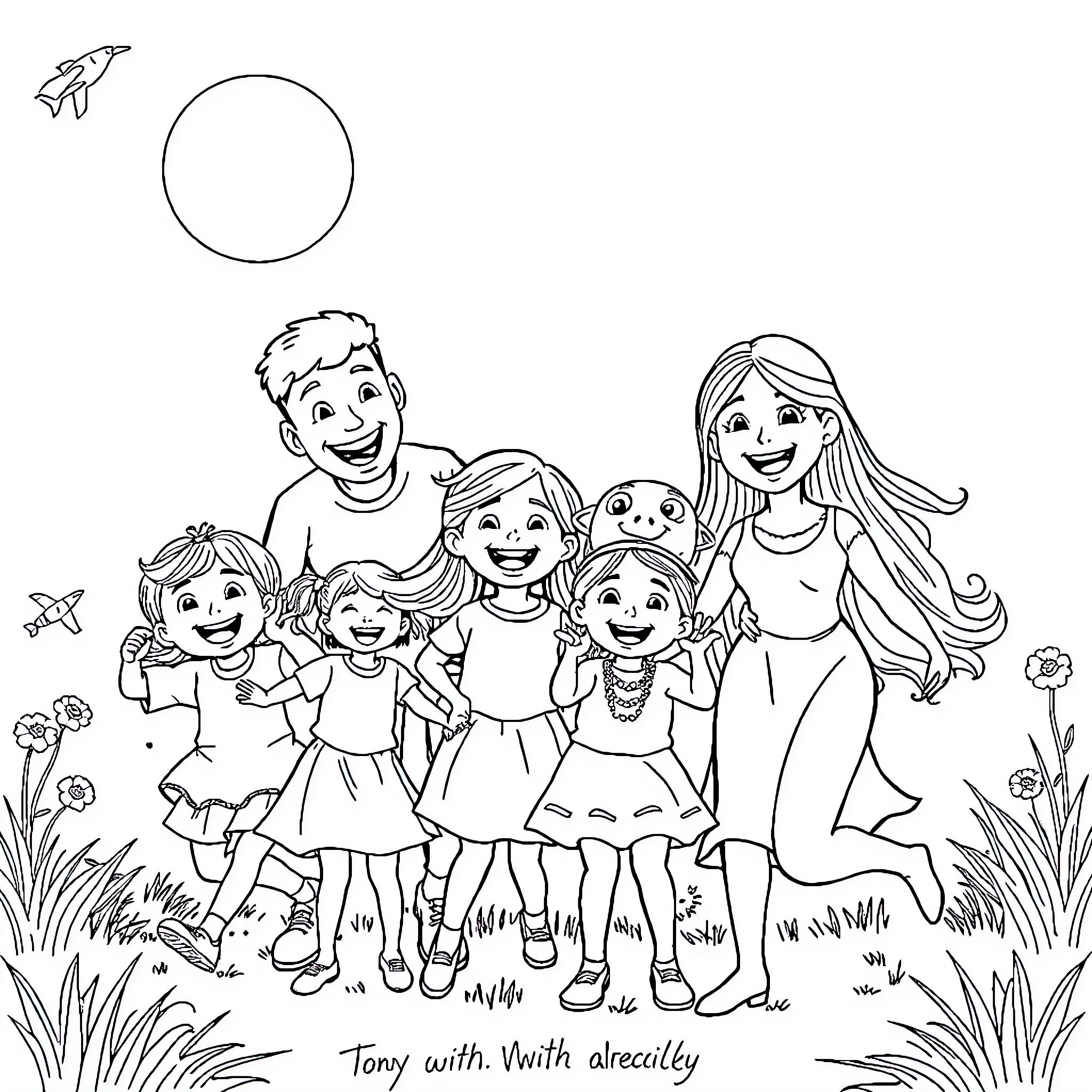 Family enjoying a joyful outdoor outing Coloring Page (free black-and-white line drawing printable PDF for all, from beginners to advanced learners, including children, teens, adults, and seniors)