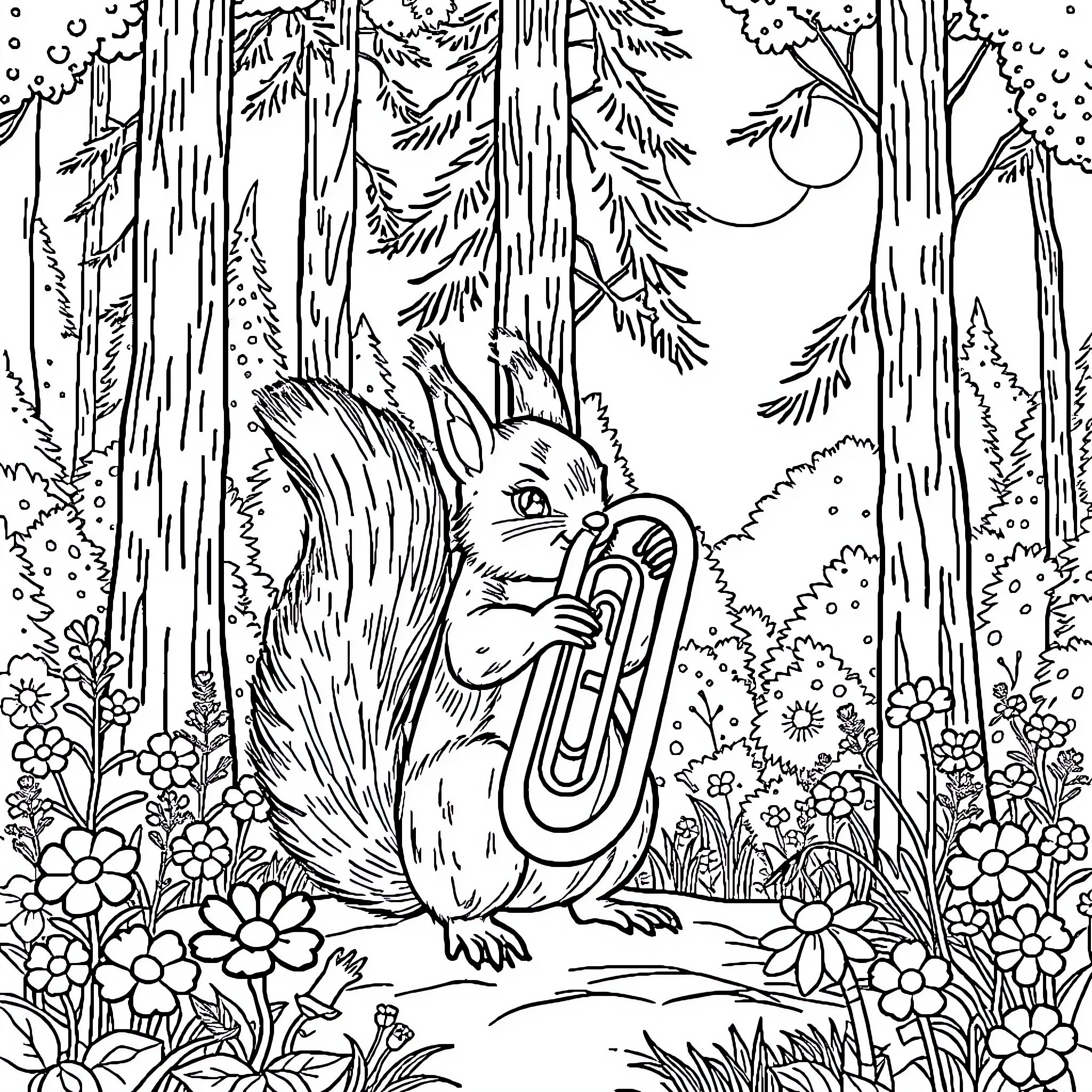 Squirrel playing a musical instrument in the forest Coloring Page (free black-and-white line drawing printable PDF for all, from beginners to advanced learners, including children, teens, adults, and seniors)