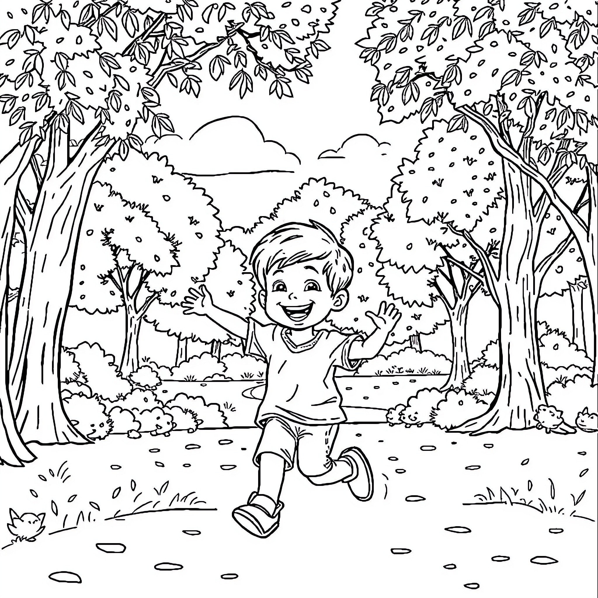 Child joyfully playing in the forest Coloring Page (free black-and-white line drawing printable PDF for all, from beginners to advanced learners, including children, teens, adults, and seniors)