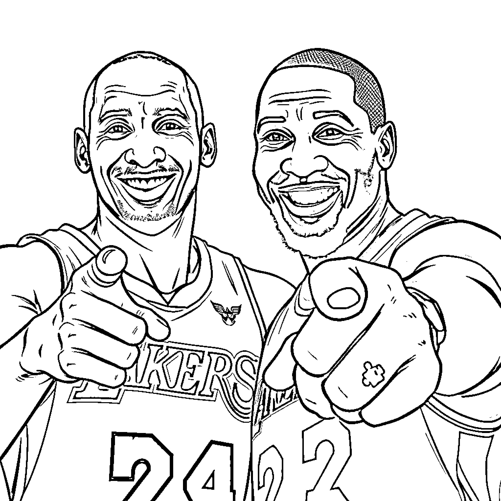 Kobe Bryant and teammate playing basketball Coloring Page (free black-and-white line drawing printable PDF for all, from beginners to advanced learners, including children, teens, adults, and seniors)