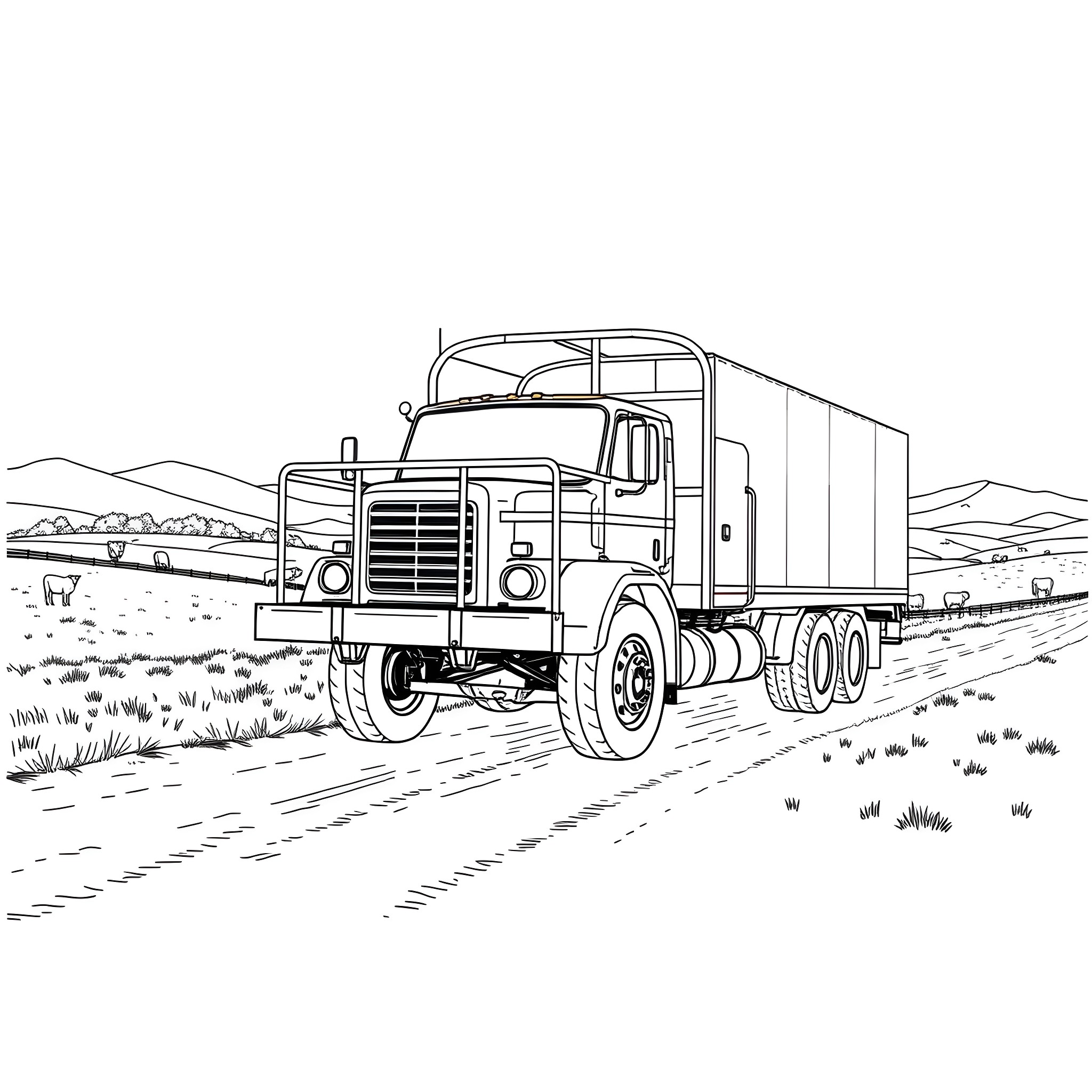 Livestock Truck Transporting Goods on the Rural Road Coloring Page (free black-and-white line drawing printable PDF for all, from beginners to advanced learners, including children, teens, adults, and seniors)