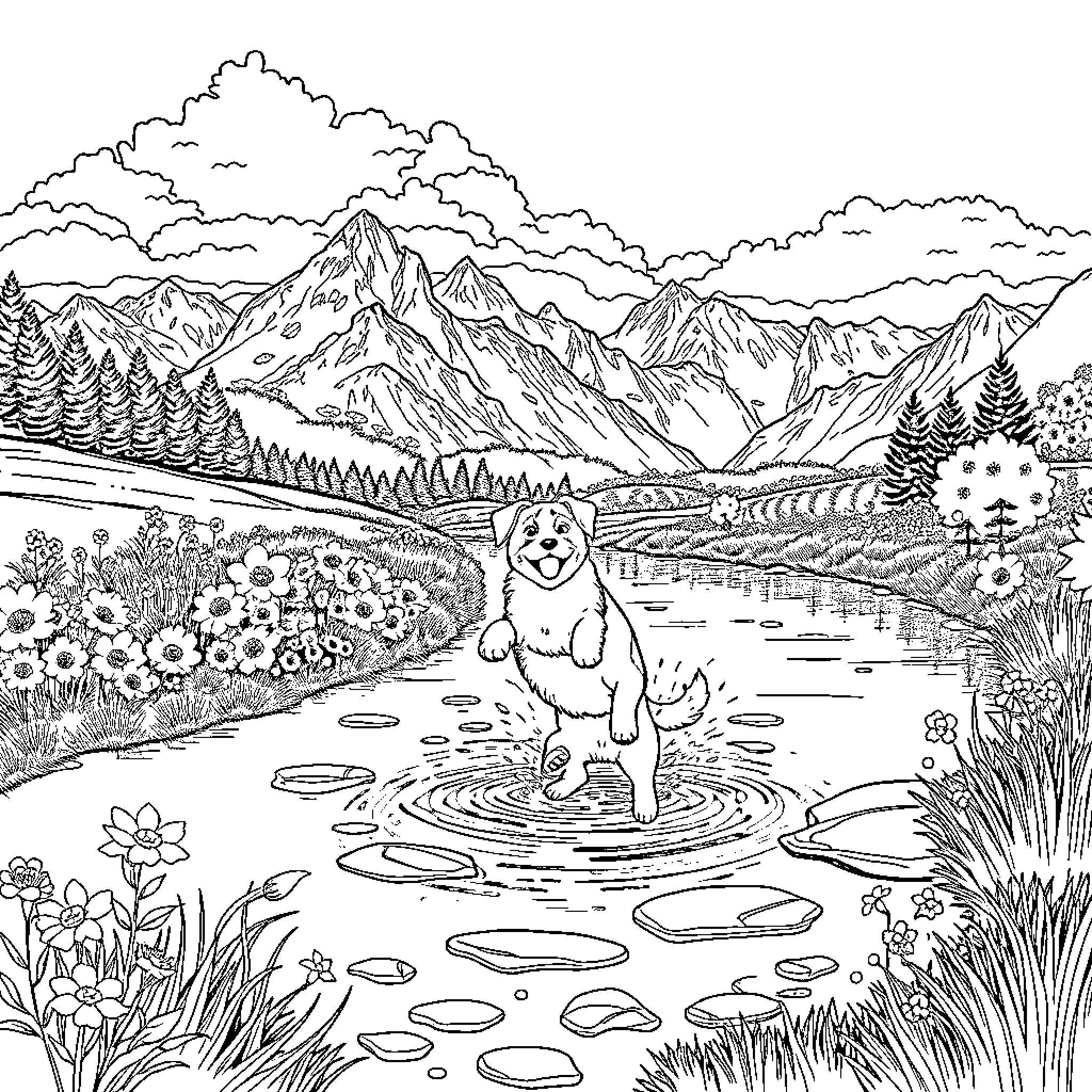 Hund playing joyfully in the alpine landscape Coloring Page (free black-and-white line drawing printable PDF for all, from beginners to advanced learners, including children, teens, adults, and seniors)