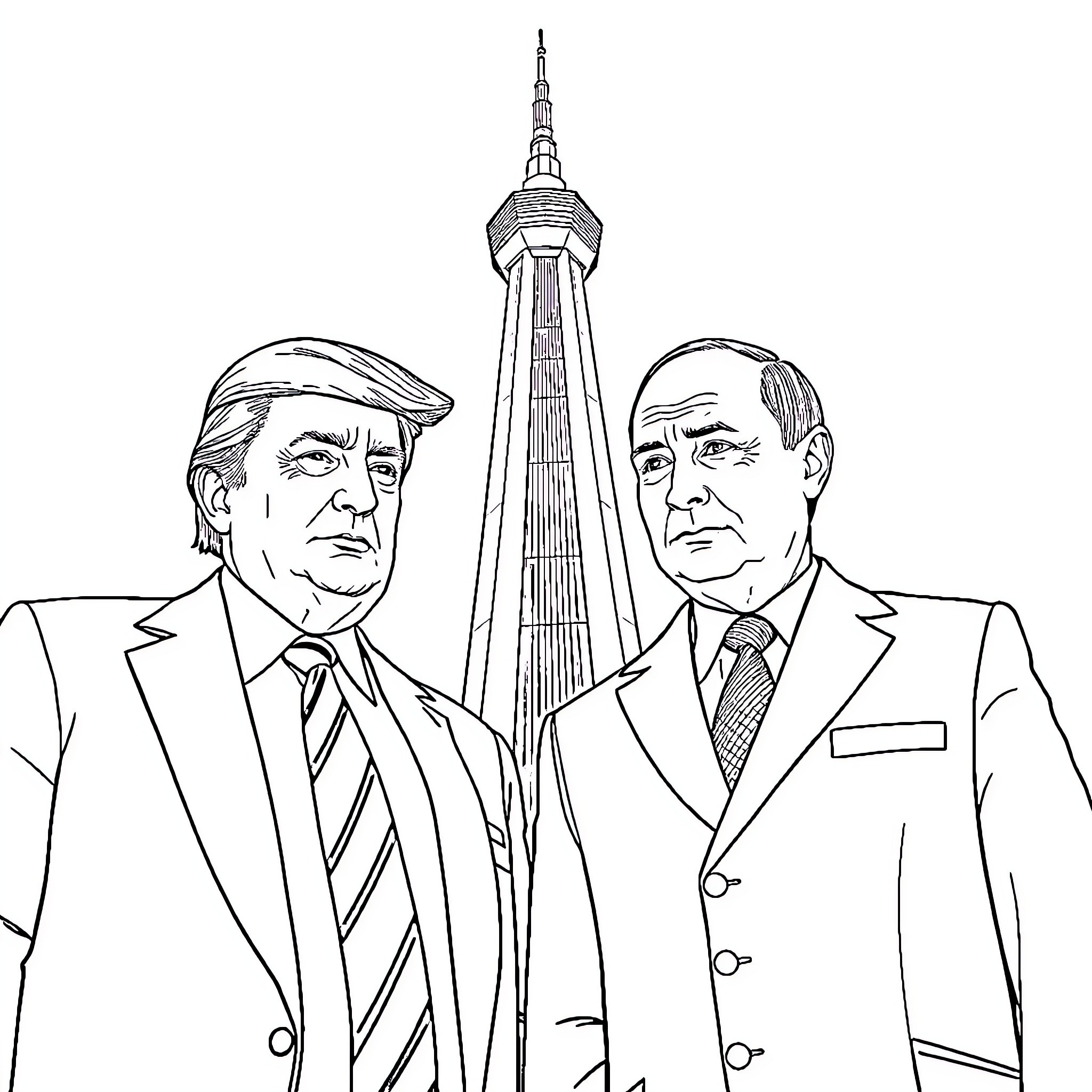Trump and Political Leader Visiting Tower Coloring Page (free black-and-white line drawing printable PDF for all, from beginners to advanced learners, including children, teens, adults, and seniors)