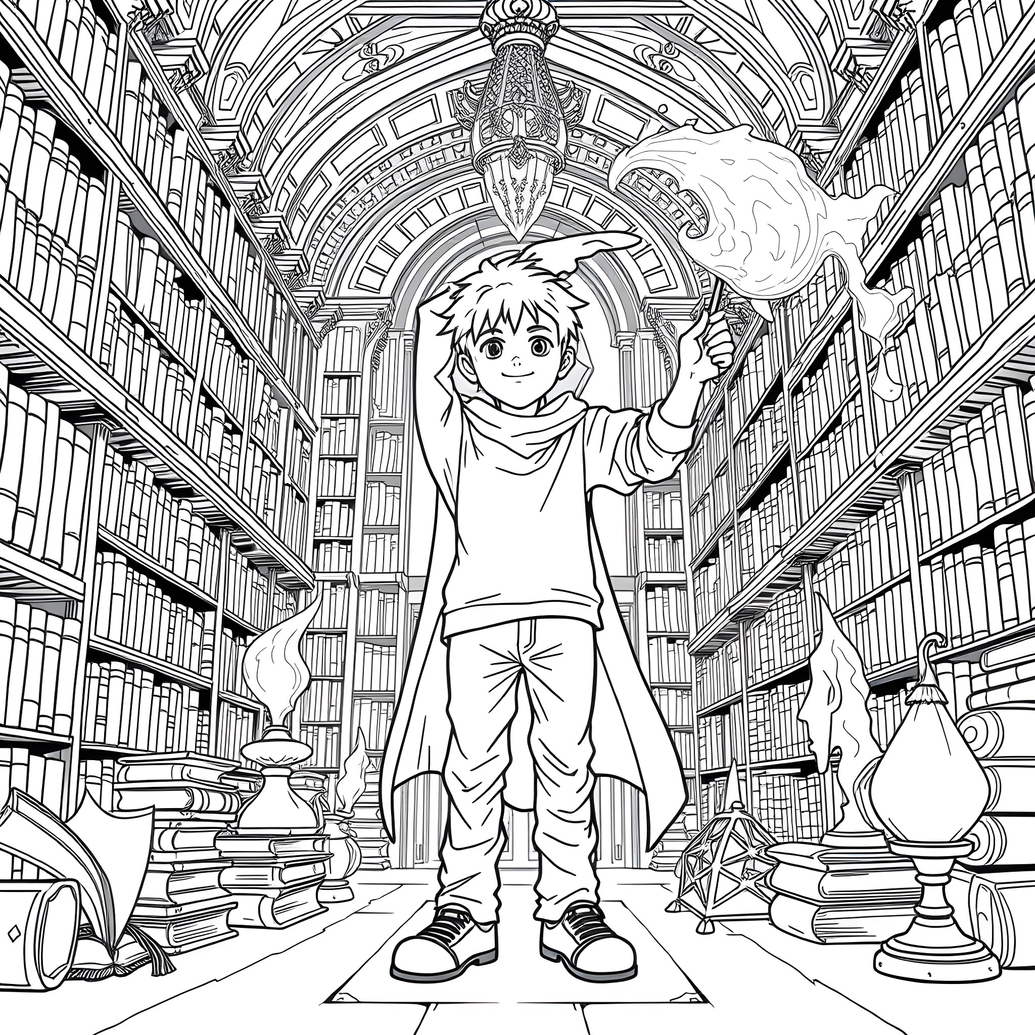Boy exploring magical library filled with wonders Coloring Page (free black-and-white line drawing printable PDF for all, from beginners to advanced learners, including children, teens, adults, and seniors)