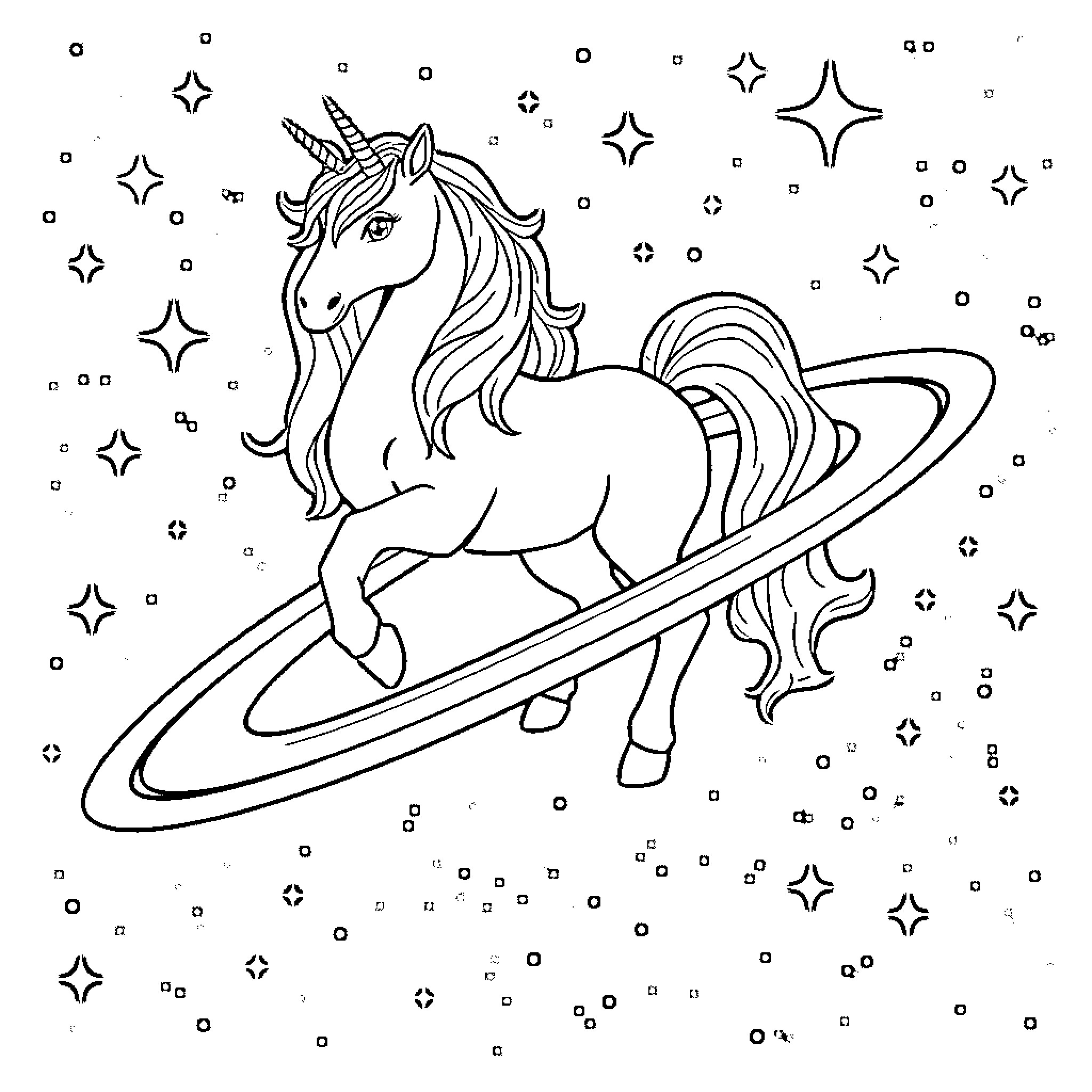 Unicorn galloping through a starry sky Coloring Page (free black-and-white line drawing printable PDF for all, from beginners to advanced learners, including children, teens, adults, and seniors)