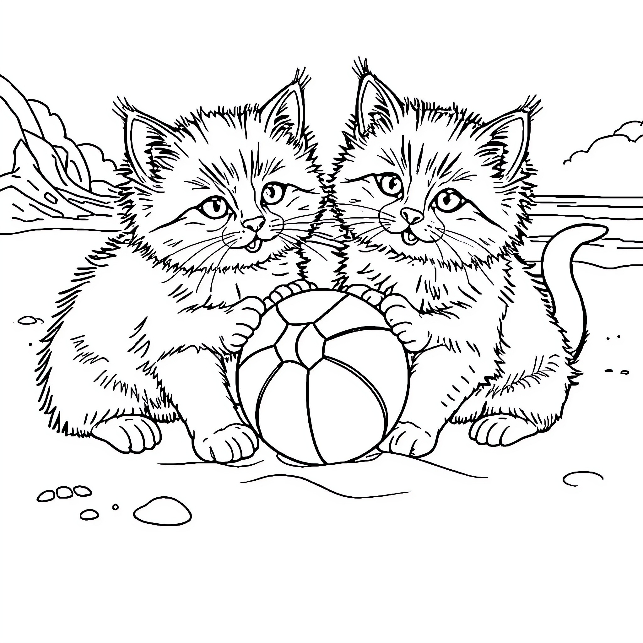 Cat kittens playing with ball on beach Coloring Page (free black-and-white line drawing printable PDF for all, from beginners to advanced learners, including children, teens, adults, and seniors)