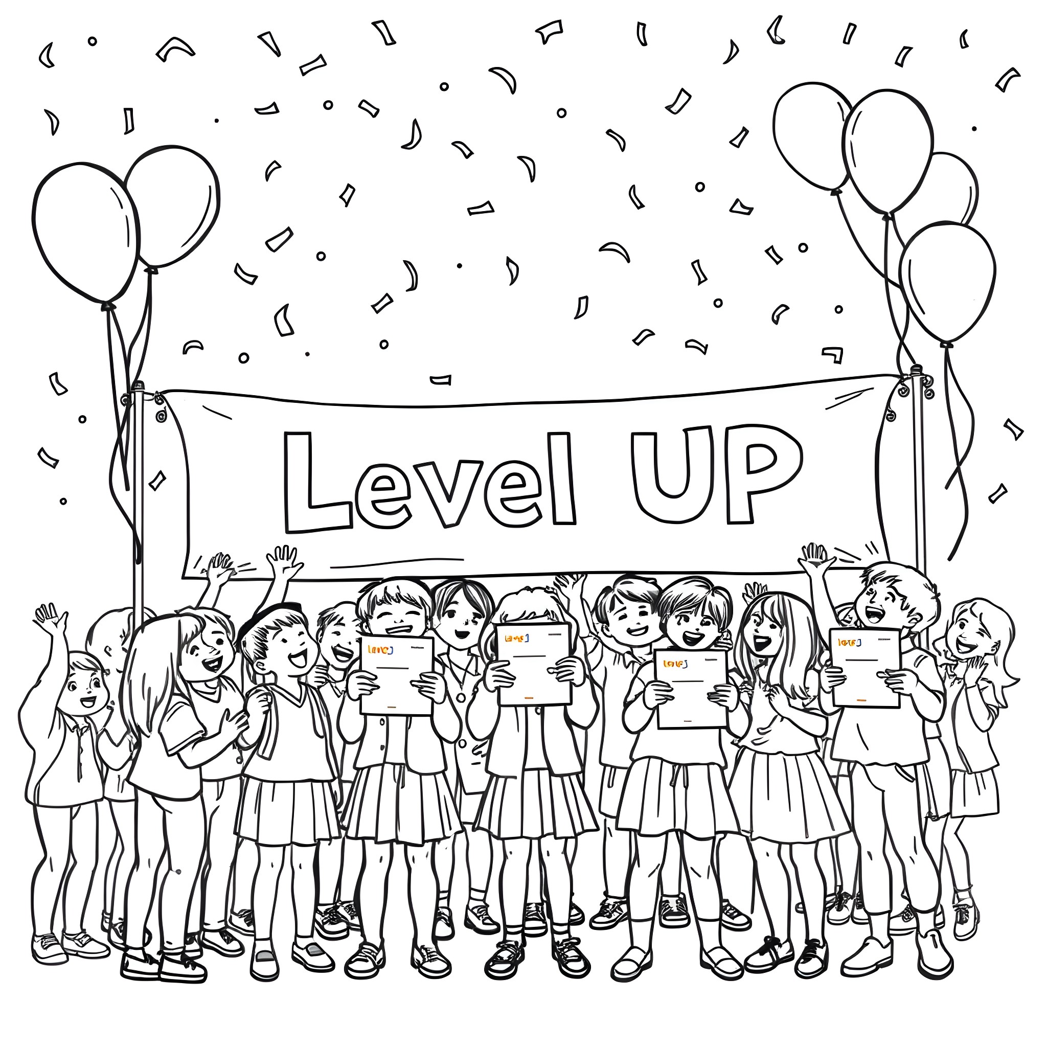 Kids celebrating and holding signs at a level up event Coloring Page (free black-and-white line drawing printable PDF for all, from beginners to advanced learners, including children, teens, adults, and seniors)