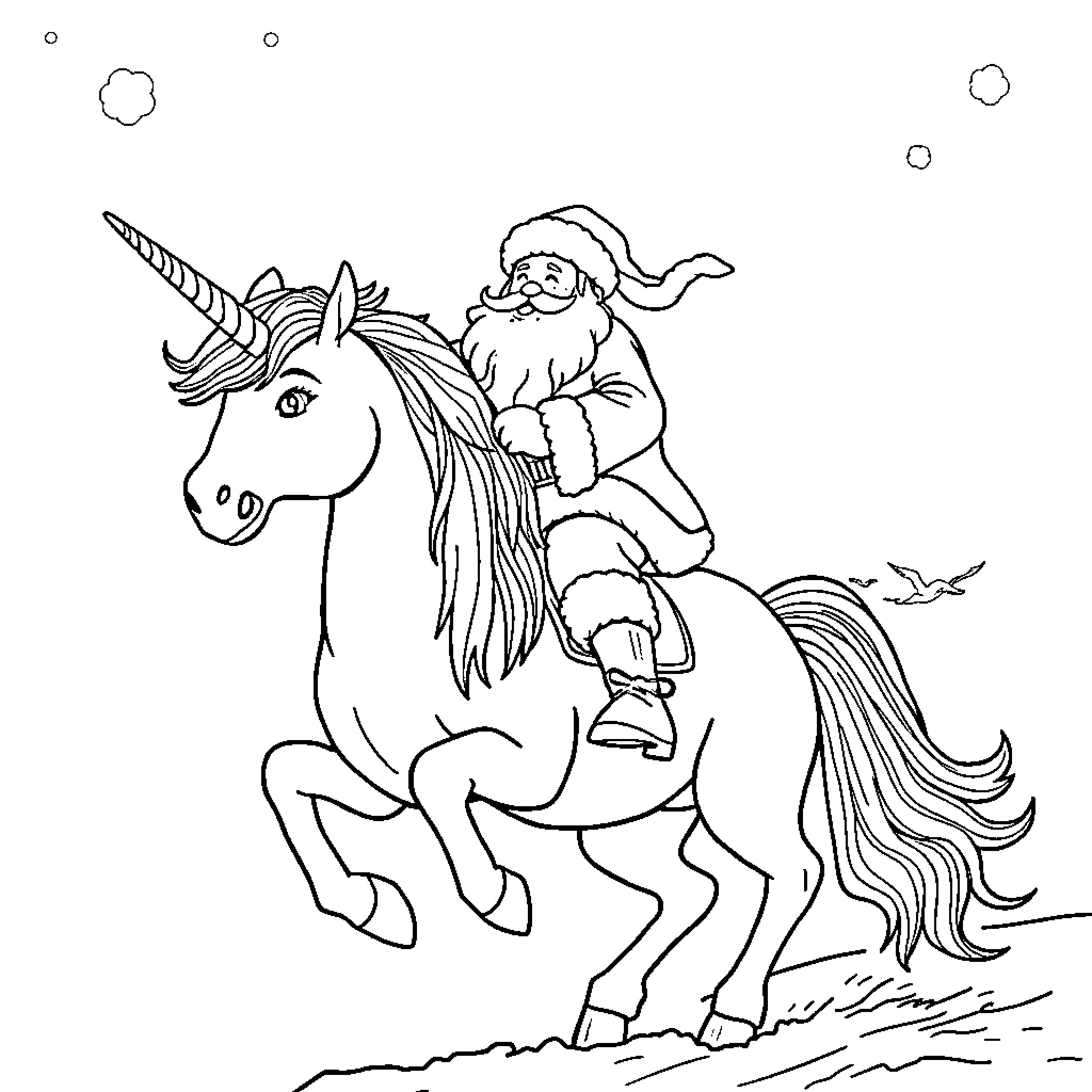 Santa riding magical unicorn through winter wonderland Coloring Page (free black-and-white line drawing printable PDF for all, from beginners to advanced learners, including children, teens, adults, and seniors)
