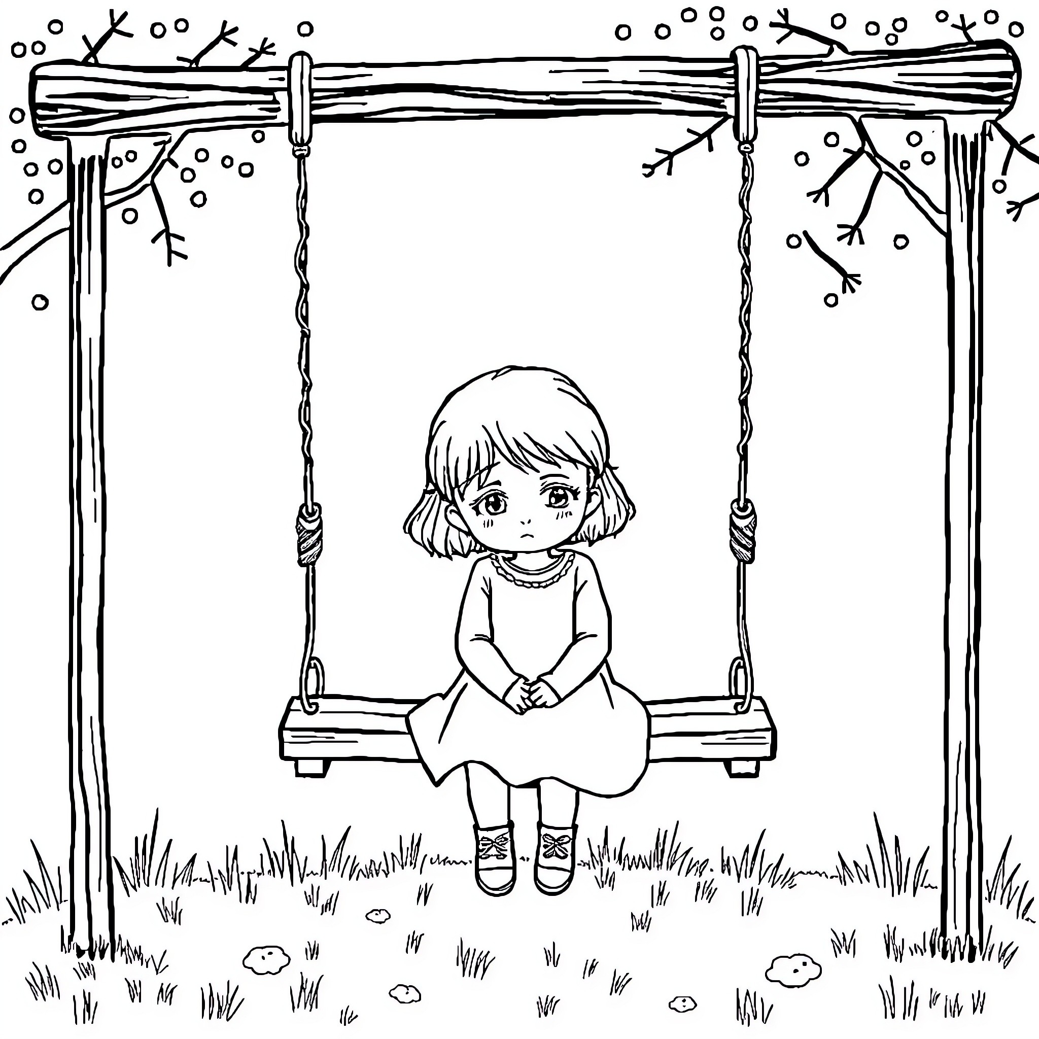 Kid sitting on a swing in a snowy landscape Coloring Page (free black-and-white line drawing printable PDF for all, from beginners to advanced learners, including children, teens, adults, and seniors)
