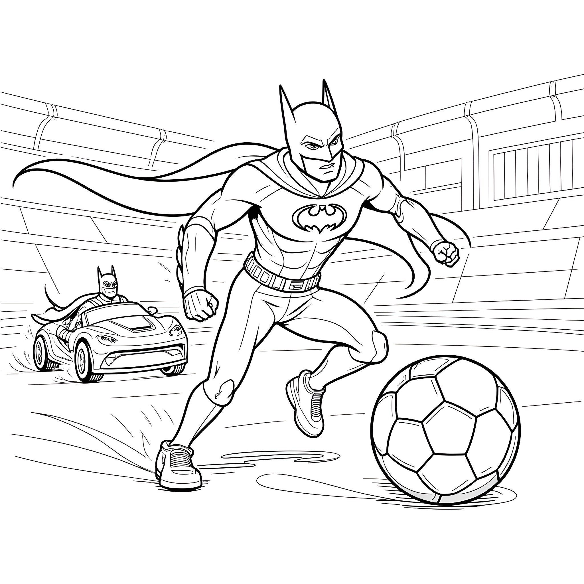 Batman playing soccer with toy car in city Coloring Page (free black-and-white line drawing printable PDF for all, from beginners to advanced learners, including children, teens, adults, and seniors)
