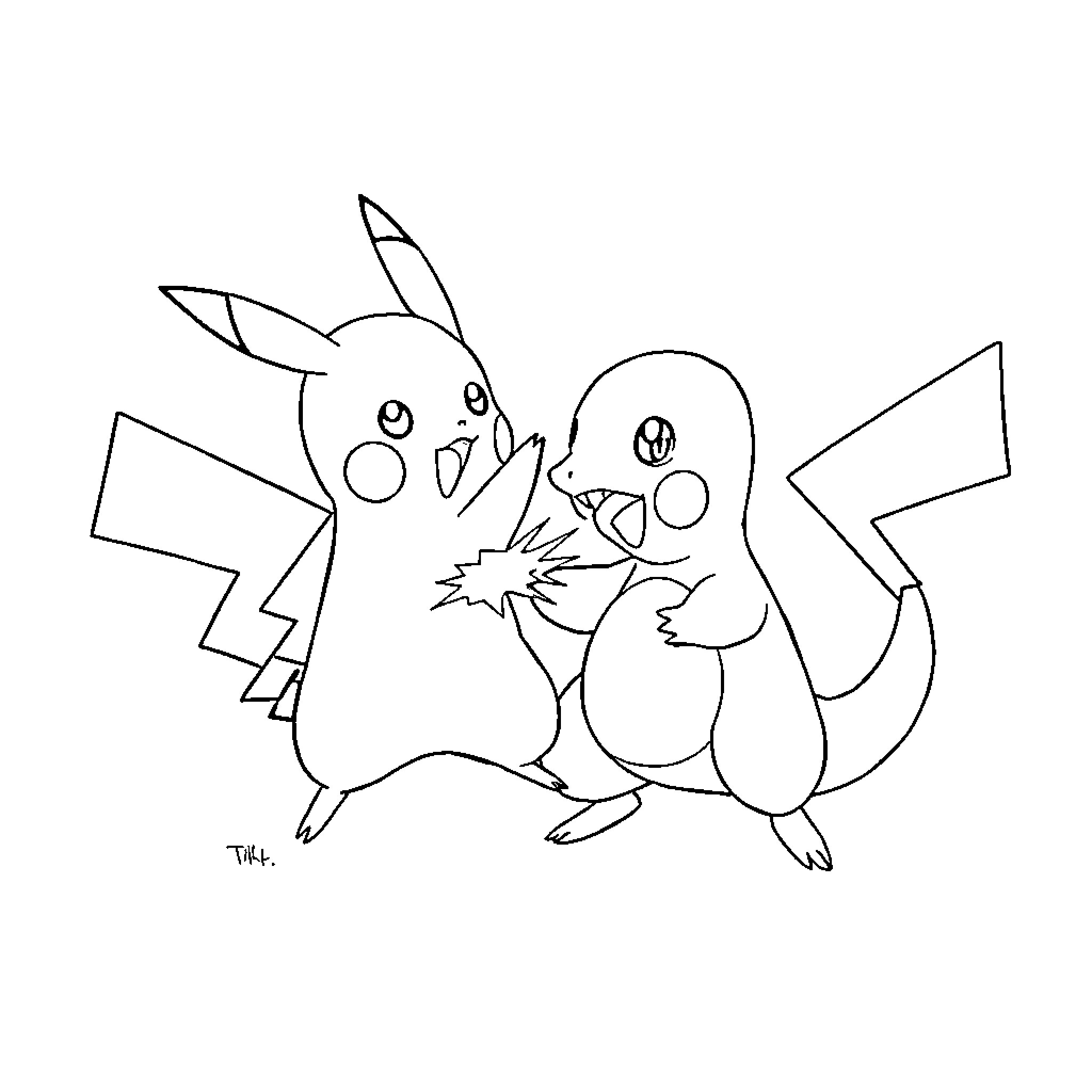 Pikachu and Charmander in a playful interaction Coloring Page (free black-and-white line drawing printable PDF for all, from beginners to advanced learners, including children, teens, adults, and seniors)