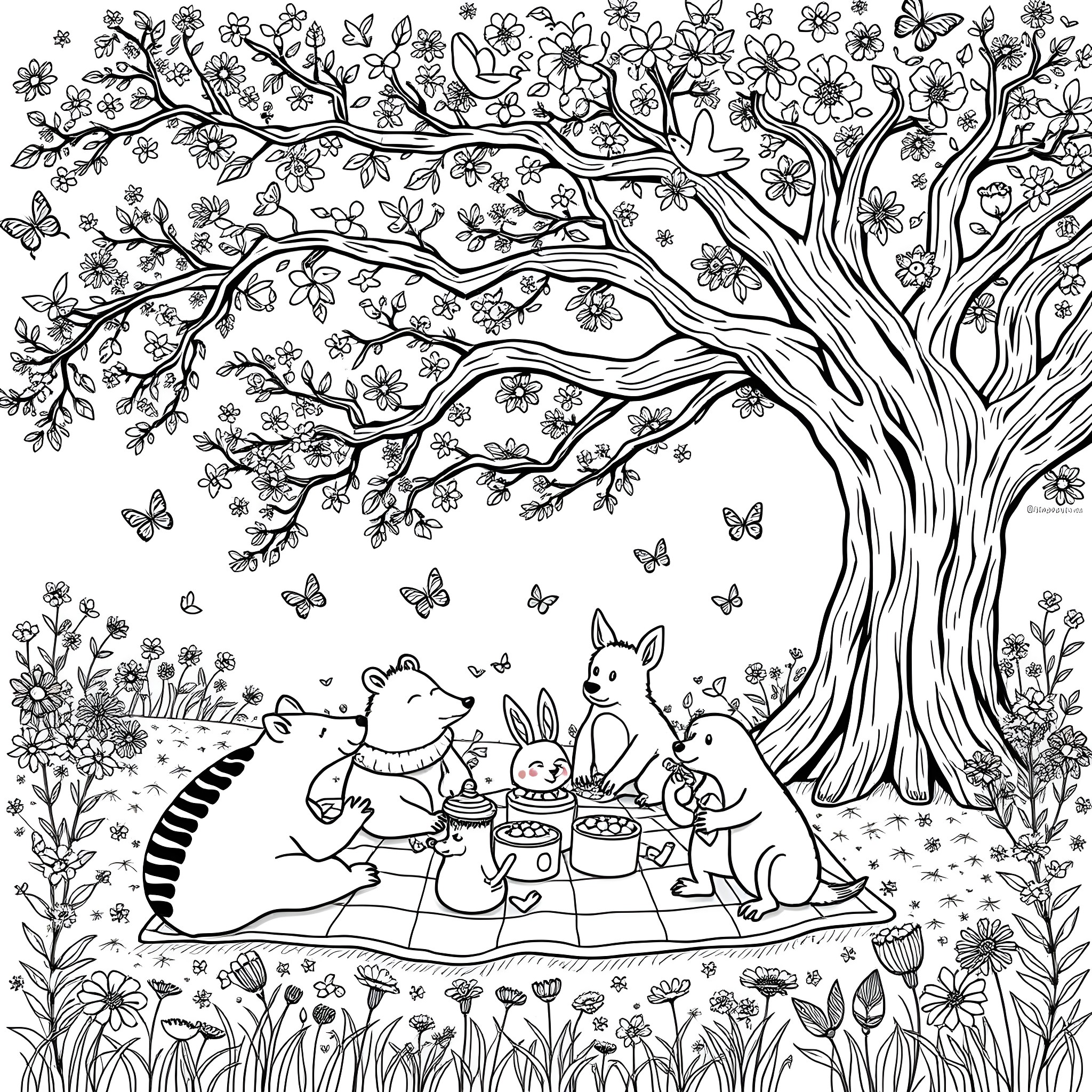 Animal friends having a picnic under the blossoming tree Coloring Page (free black-and-white line drawing printable PDF for all, from beginners to advanced learners, including children, teens, adults, and seniors)