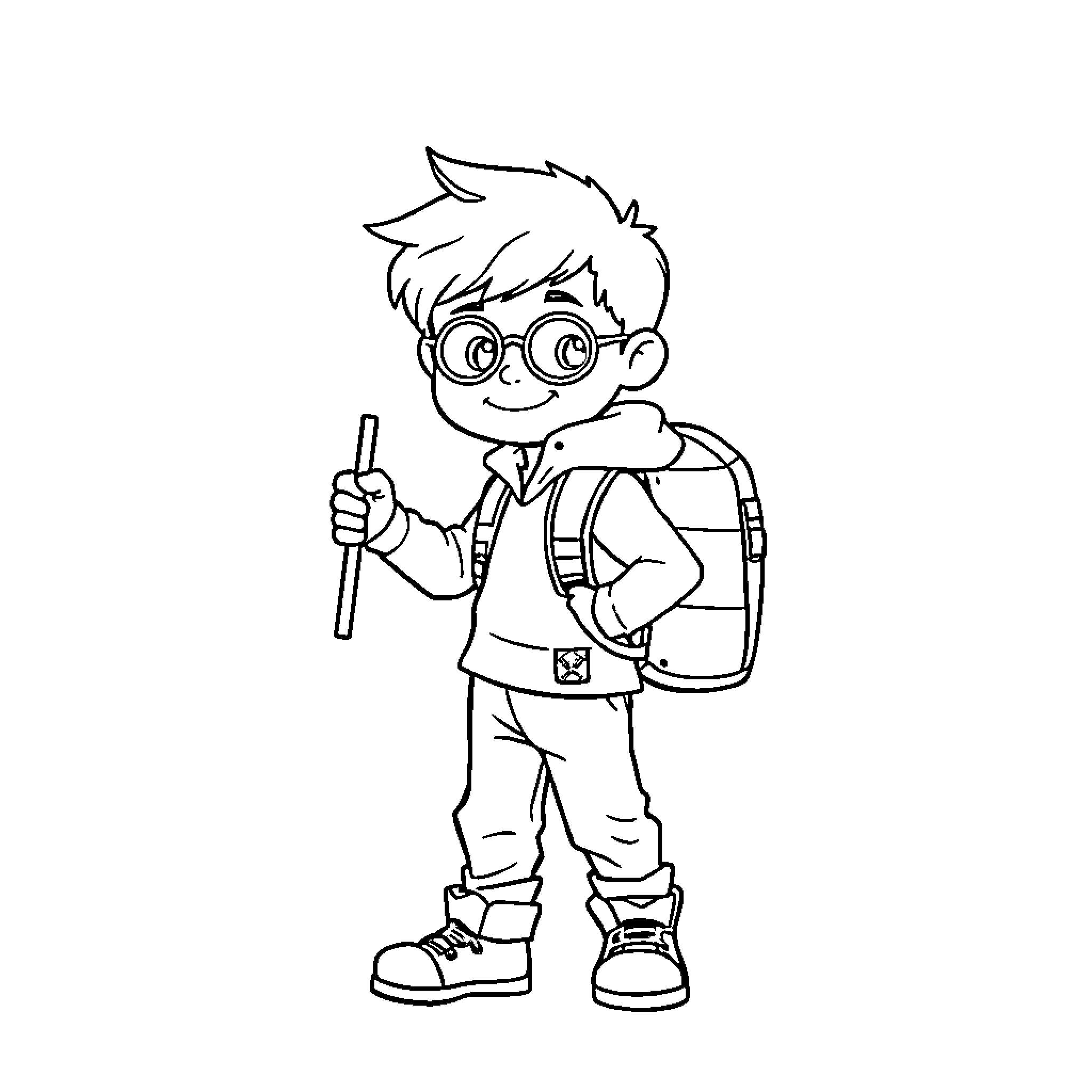 Ghost Buster Boy With Backpack Exploring Adventure Coloring Page (free black-and-white line drawing printable PDF for all, from beginners to advanced learners, including children, teens, adults, and seniors)