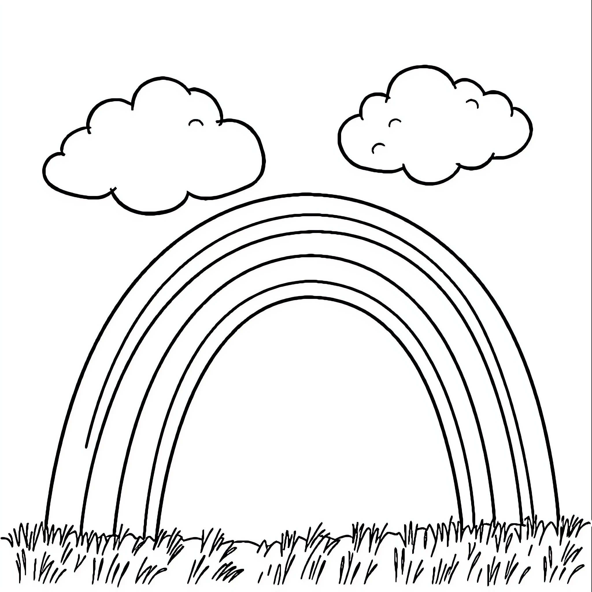 Rainbow arch in whimsical landscape Coloring Page (free black-and-white line drawing printable PDF for all, from beginners to advanced learners, including children, teens, adults, and seniors)