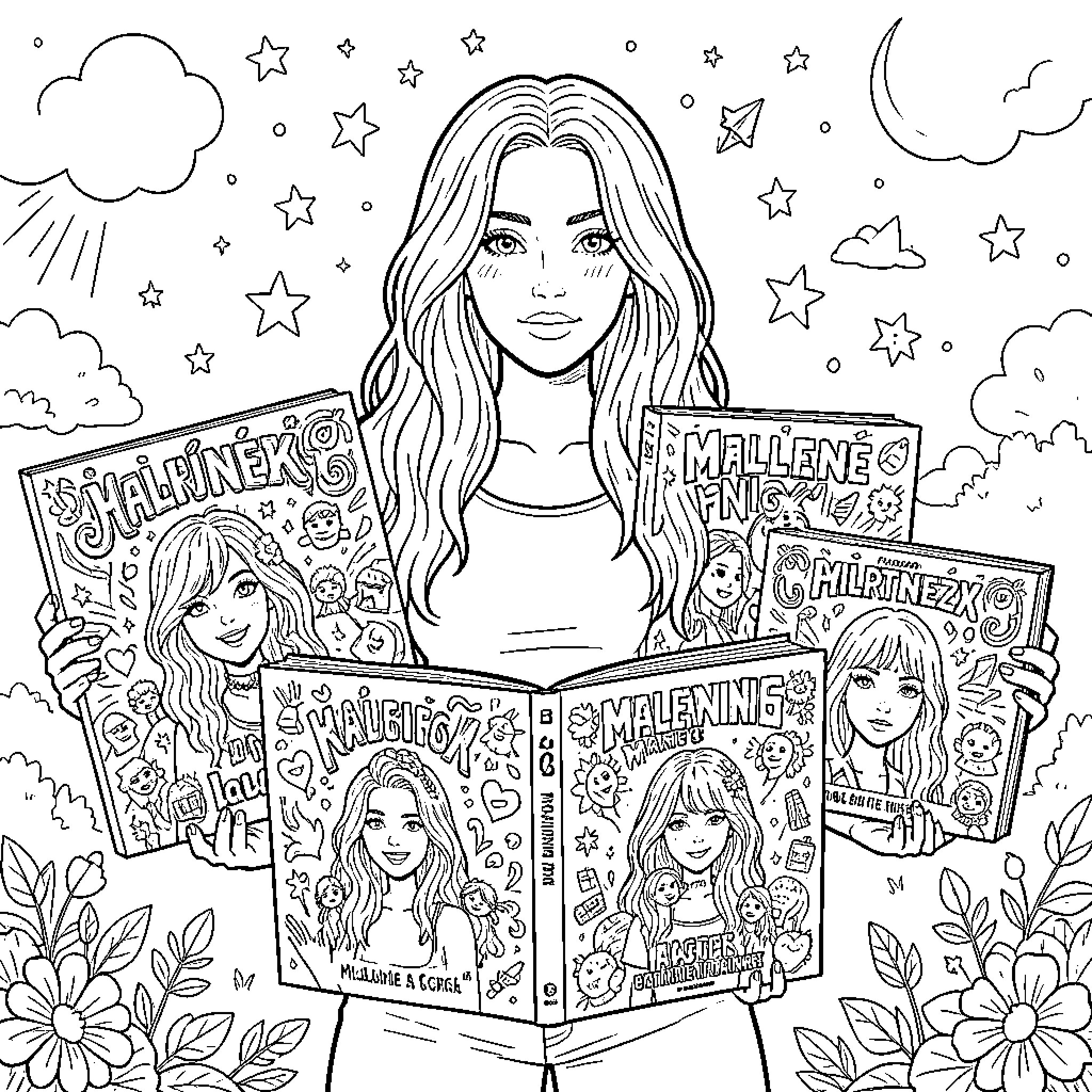 Melanie Martinez holding colorful fan art and merchandise Coloring Page (free black-and-white line drawing printable PDF for all, from beginners to advanced learners, including children, teens, adults, and seniors)