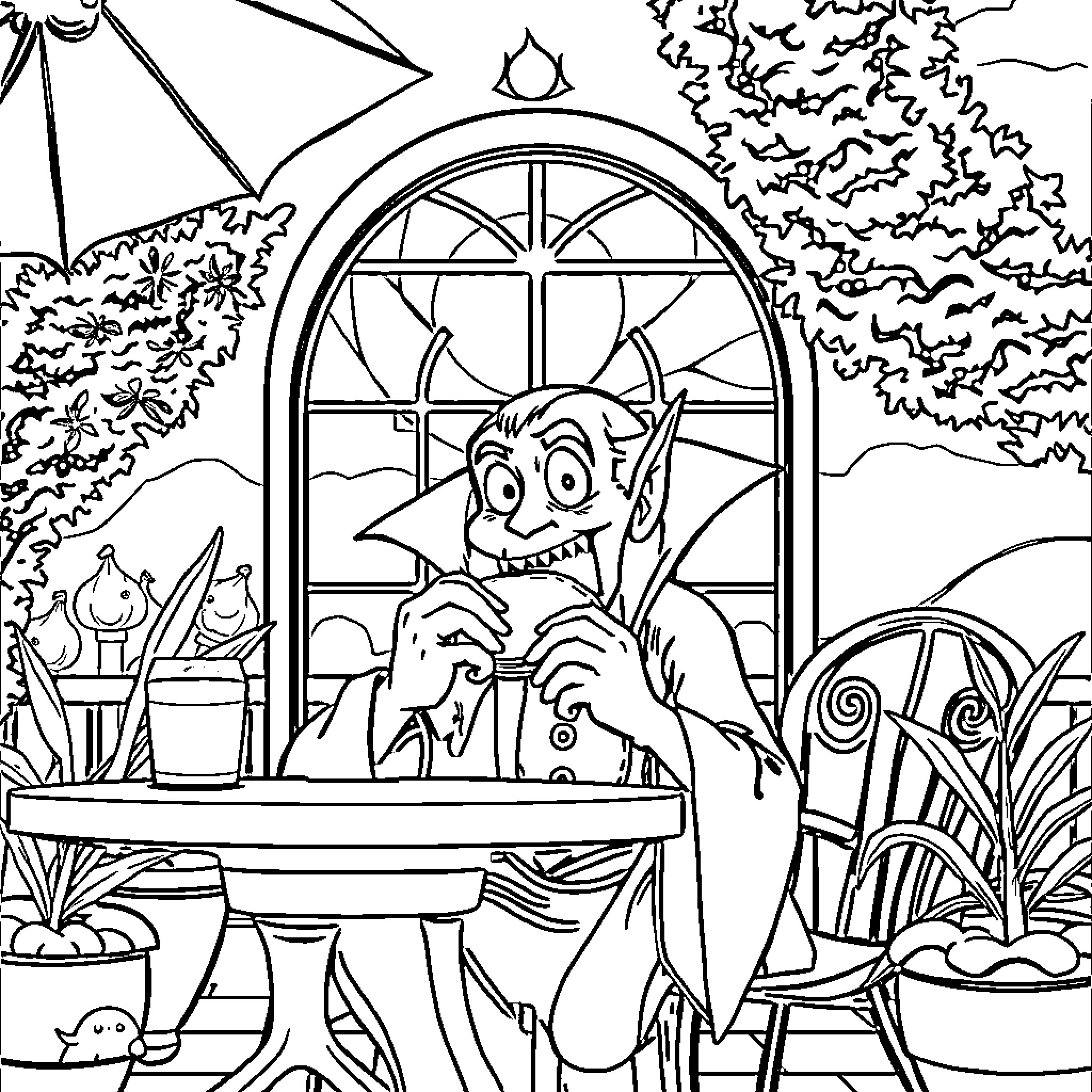 Vampire Enjoying a Spooky Evening Outdoors Coloring Page (free black-and-white line drawing printable PDF for all, from beginners to advanced learners, including children, teens, adults, and seniors)