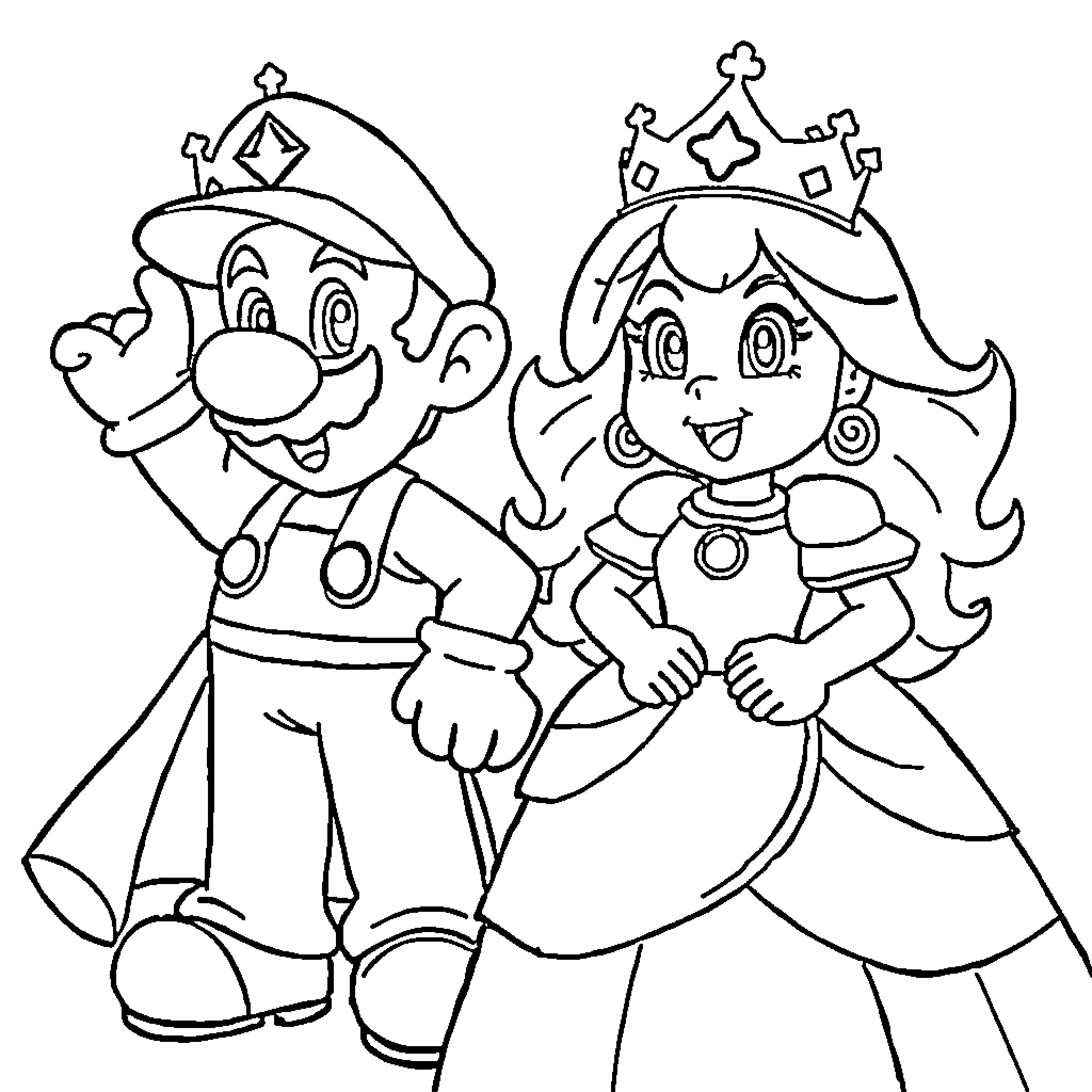 Mario and Luigi posing together as a royal couple Coloring Page (free black-and-white line drawing printable PDF for all, from beginners to advanced learners, including children, teens, adults, and seniors)