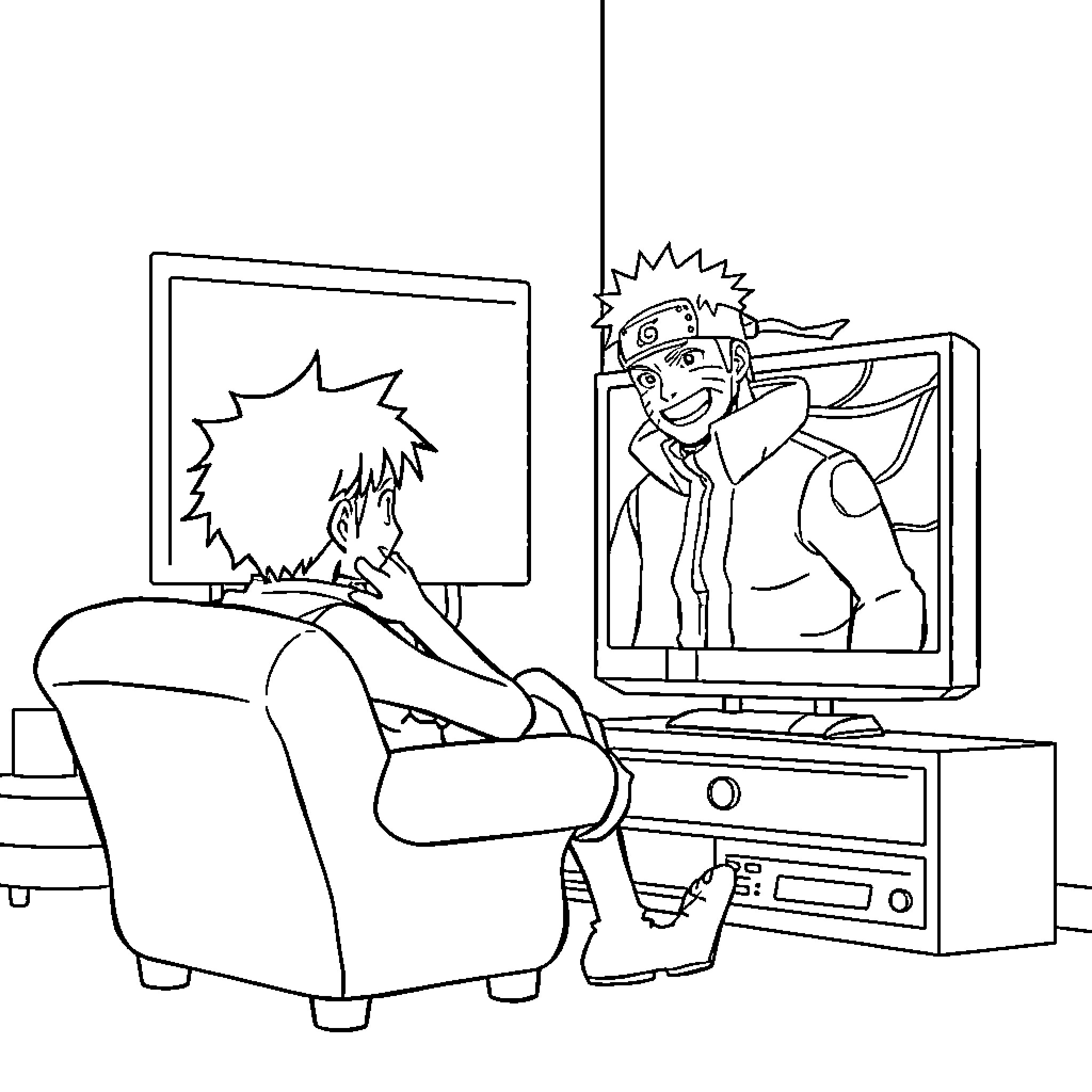 Luffy relaxing and enjoying an animated show Coloring Page (free black-and-white line drawing printable PDF for all, from beginners to advanced learners, including children, teens, adults, and seniors)