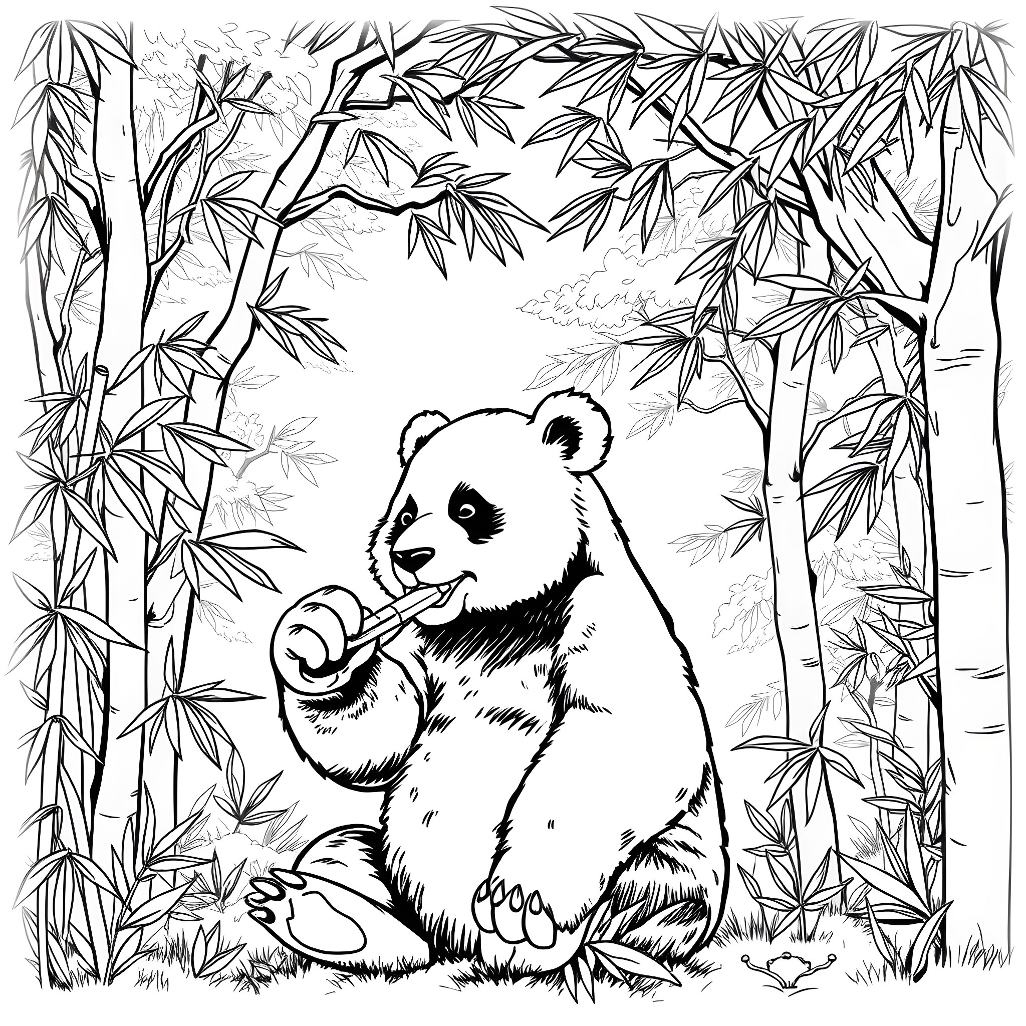 Panda enjoying bamboo in the forest Coloring Page (free black-and-white line drawing printable PDF for all, from beginners to advanced learners, including children, teens, adults, and seniors)