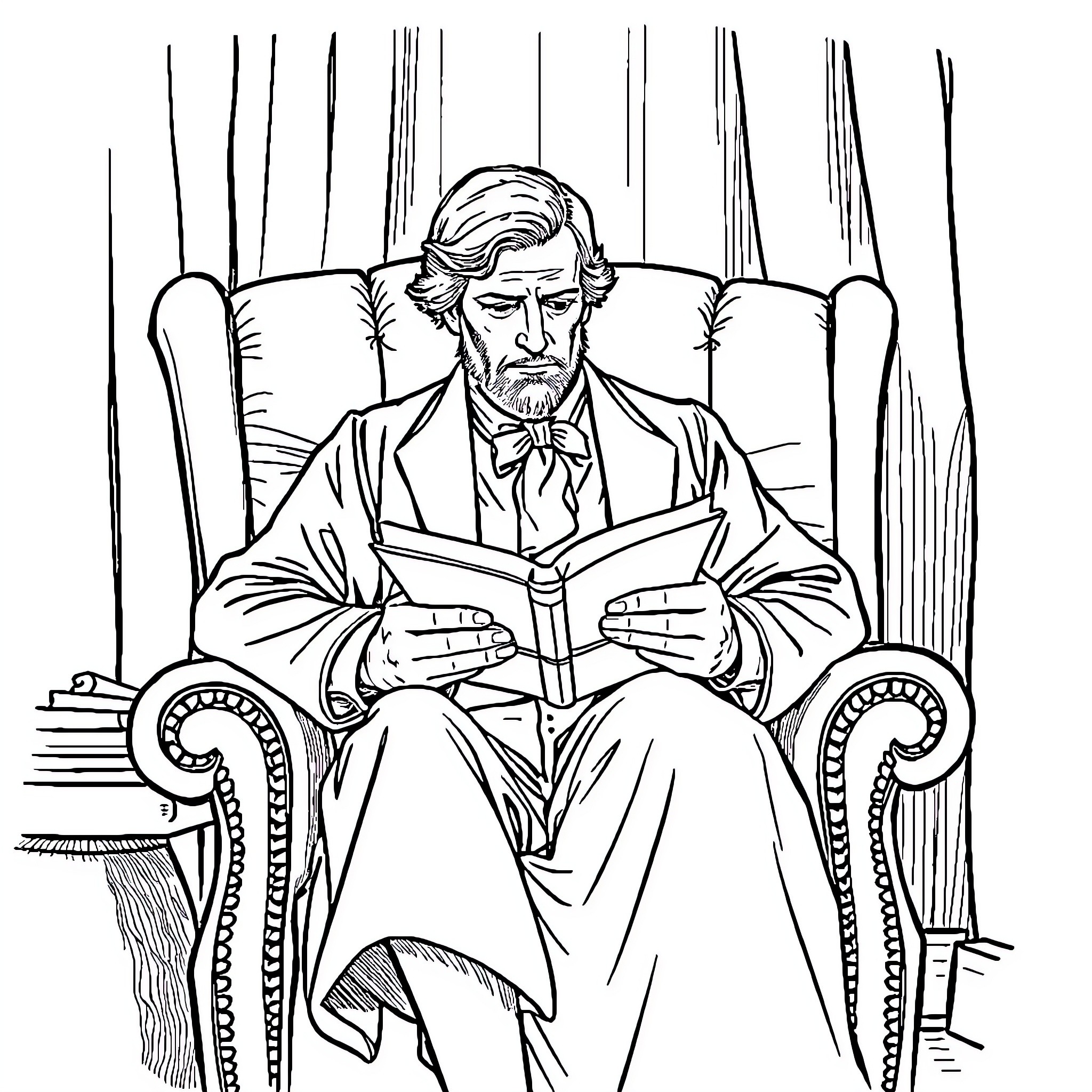 Joseph Smith reading intently in an armchair Coloring Page (free black-and-white line drawing printable PDF for all, from beginners to advanced learners, including children, teens, adults, and seniors)