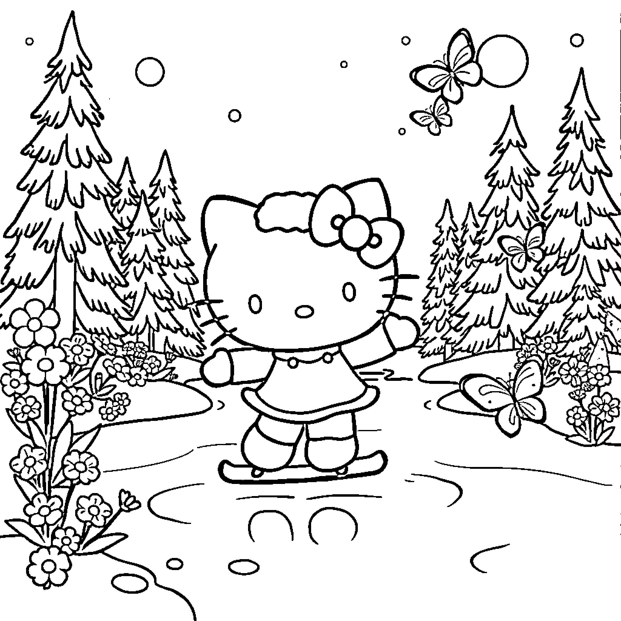 Hello Kitty enjoys the winter wonderland Coloring Page (free black-and-white line drawing printable PDF for all, from beginners to advanced learners, including children, teens, adults, and seniors)
