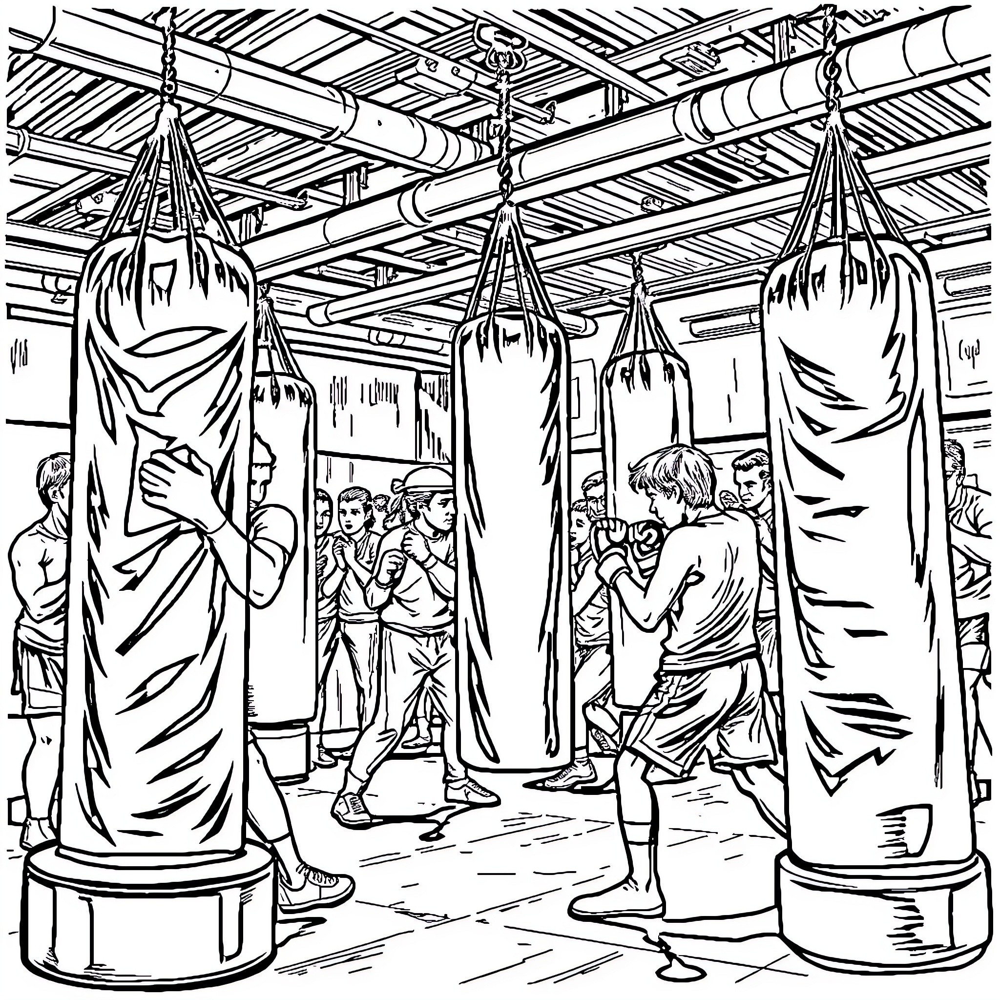 Boxing Match in a Regal Training Hall Coloring Page (free black-and-white line drawing printable PDF for all, from beginners to advanced learners, including children, teens, adults, and seniors)