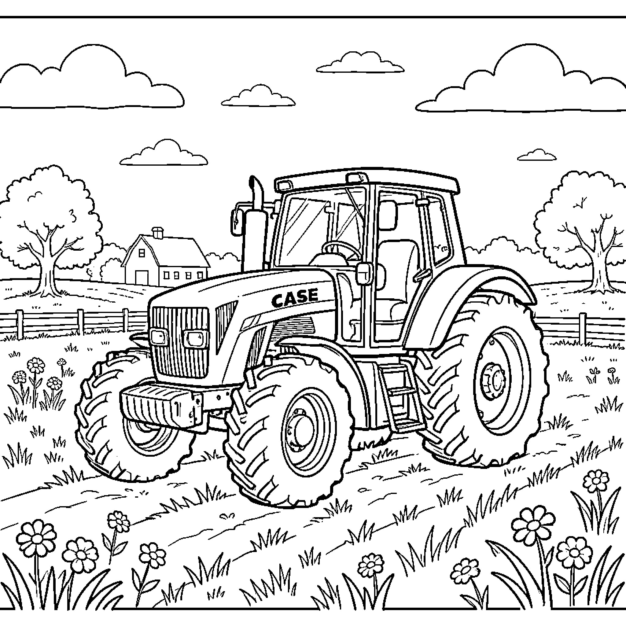 Tractor working on a farm in the countryside Coloring Page (free black-and-white line drawing printable PDF for all, from beginners to advanced learners, including children, teens, adults, and seniors)