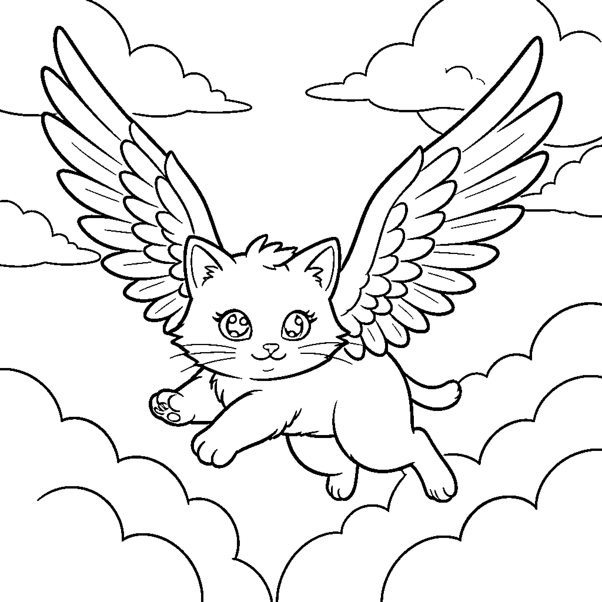 Cat with angelic wings soaring in the clouds Coloring Page (free black-and-white line drawing printable PDF for all, from beginners to advanced learners, including children, teens, adults, and seniors)