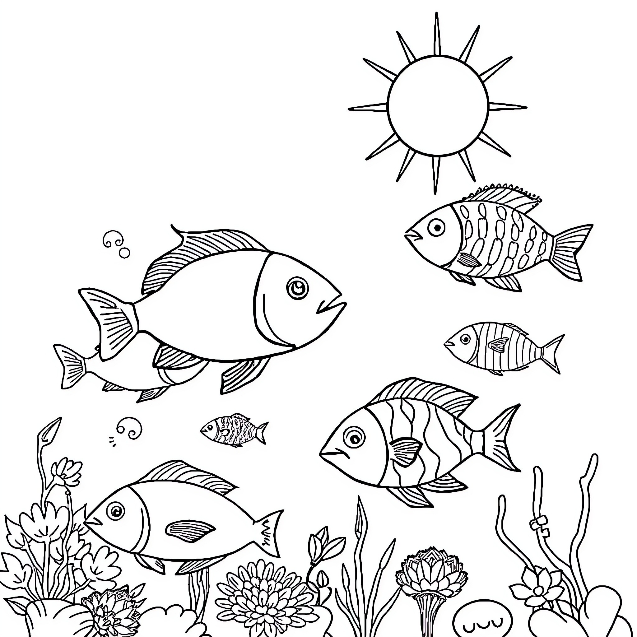 Fish swimming in the ocean with sea plants Coloring Page (free black-and-white line drawing printable PDF for all, from beginners to advanced learners, including children, teens, adults, and seniors)