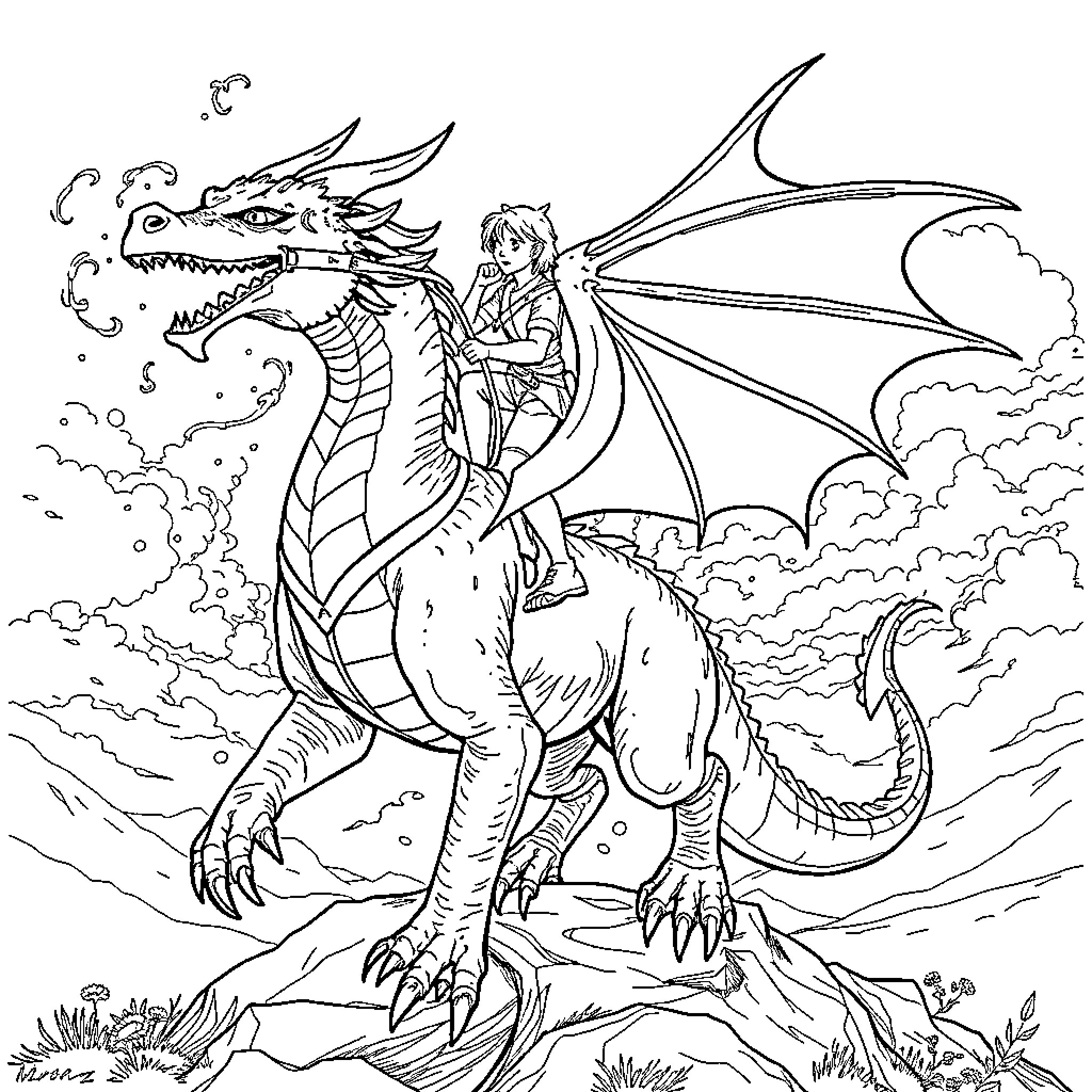 Dragon and Rider Soaring Above the Clouds Coloring Page (free black-and-white line drawing printable PDF for all, from beginners to advanced learners, including children, teens, adults, and seniors)