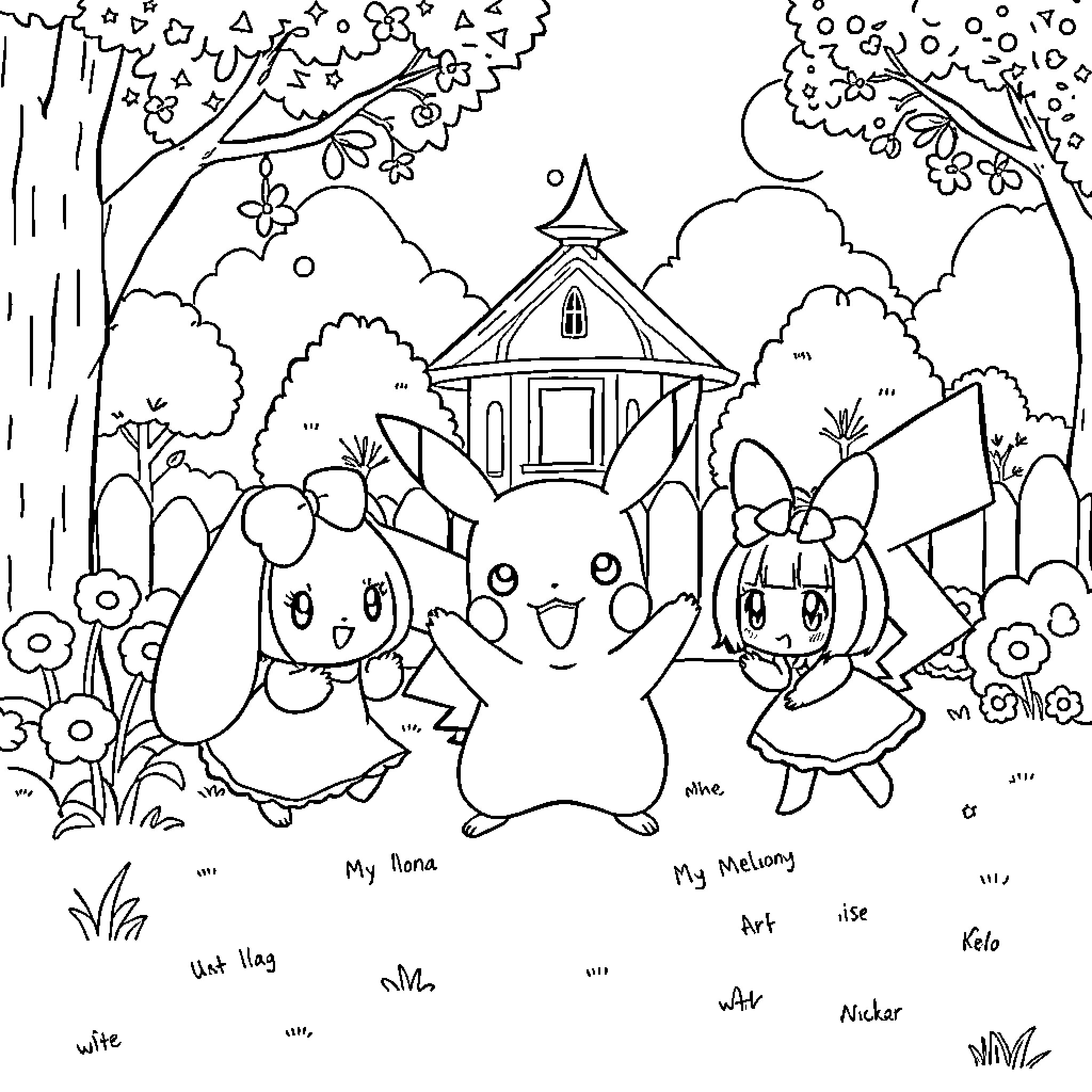 Pikachu and friends in a charming forest scene Coloring Page (free black-and-white line drawing printable PDF for all, from beginners to advanced learners, including children, teens, adults, and seniors)