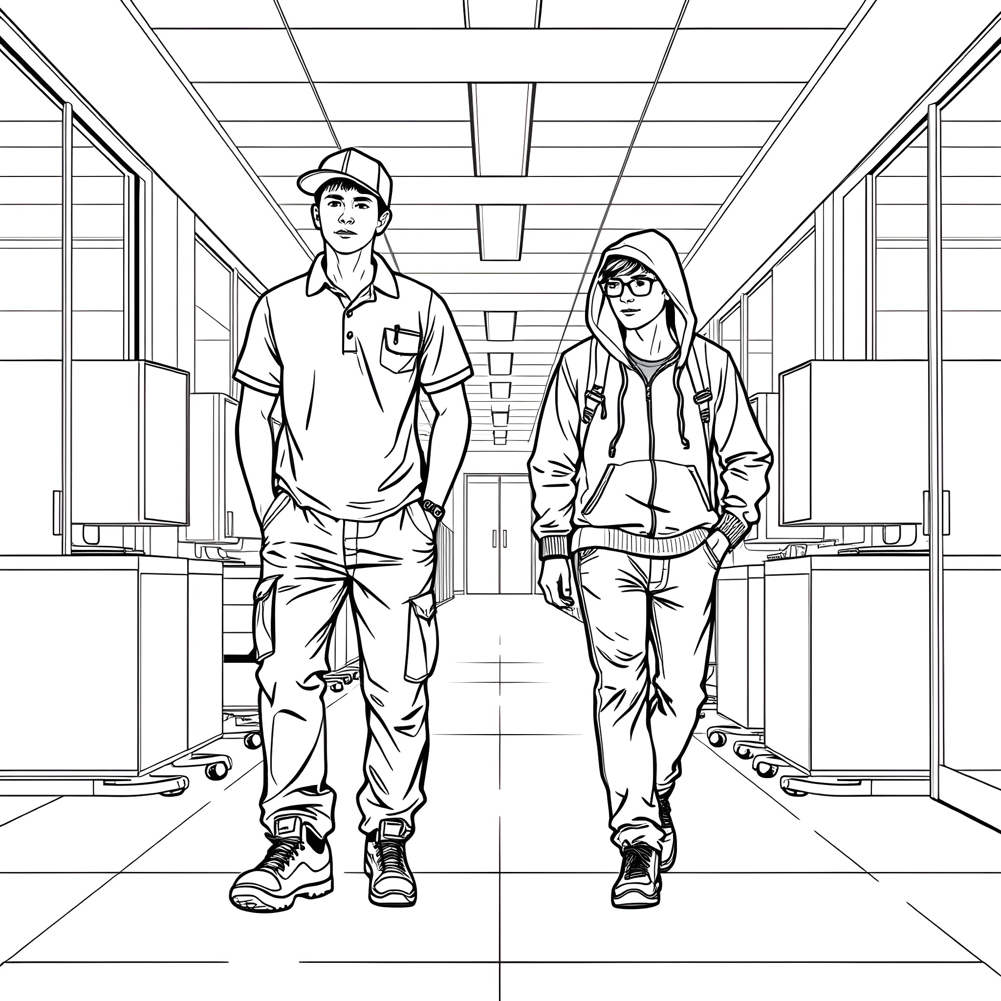 Teen pair walking in school hallway Coloring Page (free black-and-white line drawing printable PDF for all, from beginners to advanced learners, including children, teens, adults, and seniors)