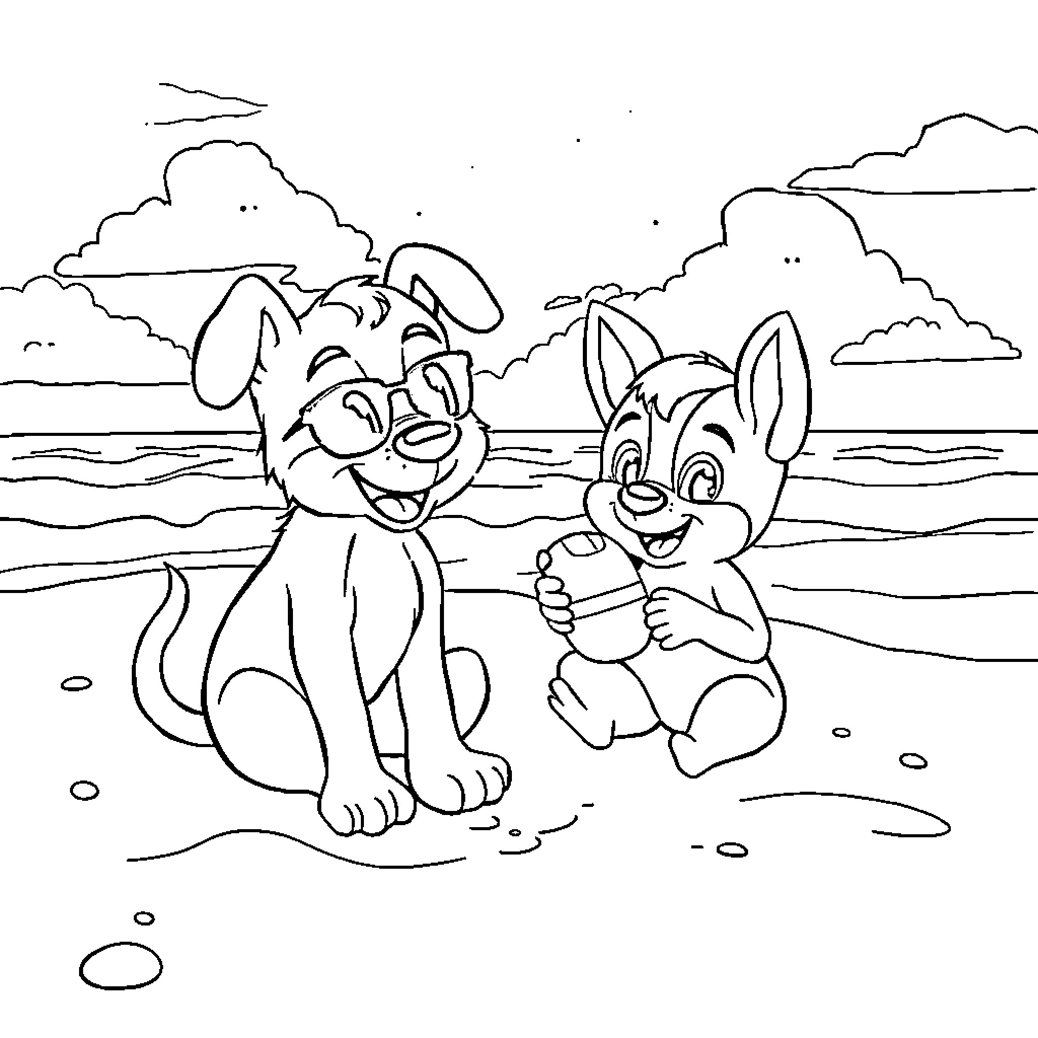 Bluey and Bingo playing happily at the beach Coloring Page (free black-and-white line drawing printable PDF for all, from beginners to advanced learners, including children, teens, adults, and seniors)