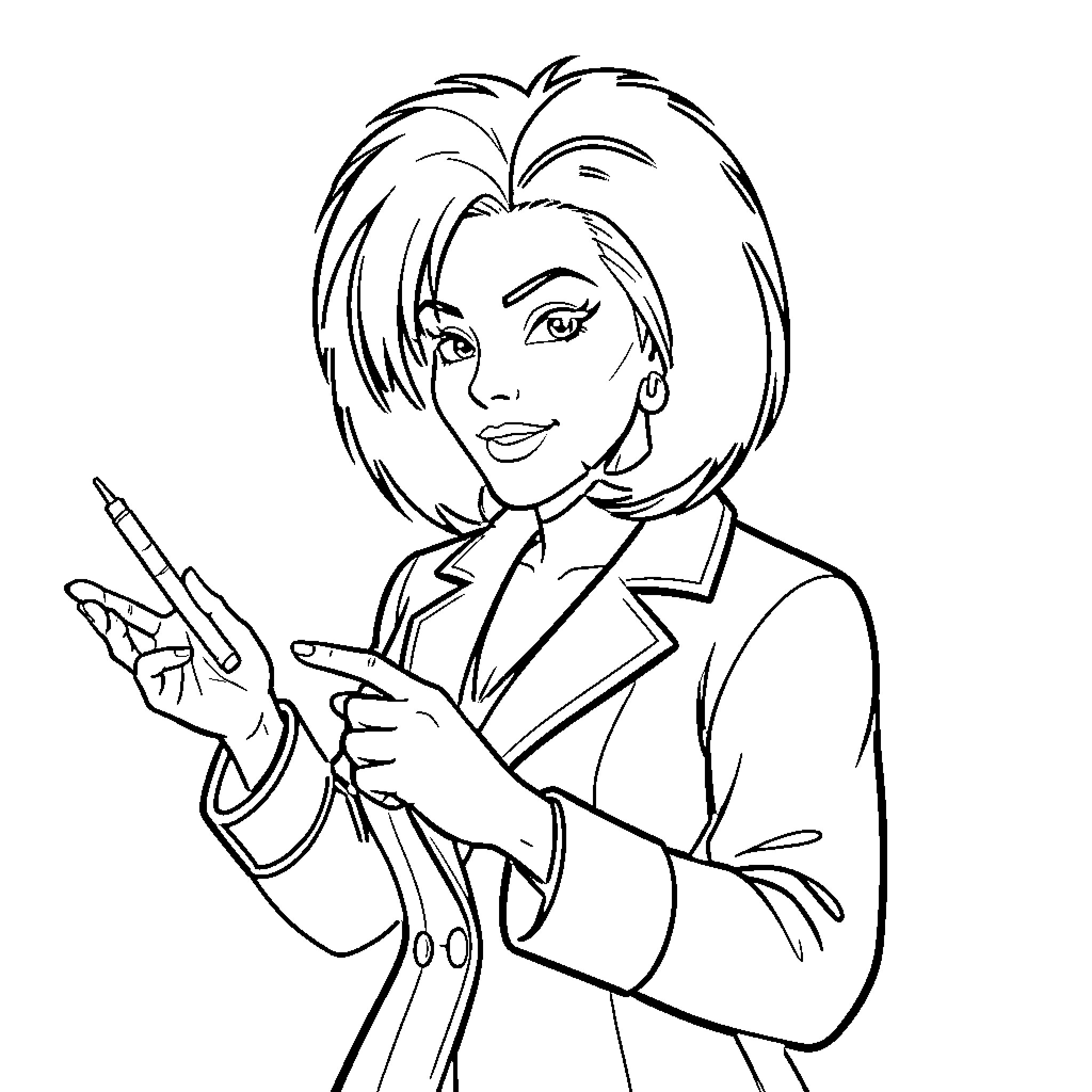 Cruella holding a pen with a confident expression Coloring Page (free black-and-white line drawing printable PDF for all, from beginners to advanced learners, including children, teens, adults, and seniors)