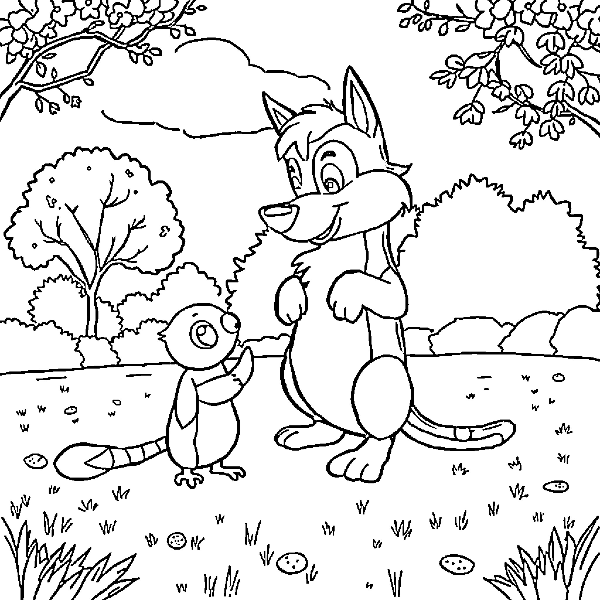Plin two friendly animals enjoying outdoor adventure Coloring Page (free black-and-white line drawing printable PDF for all, from beginners to advanced learners, including children, teens, adults, and seniors)
