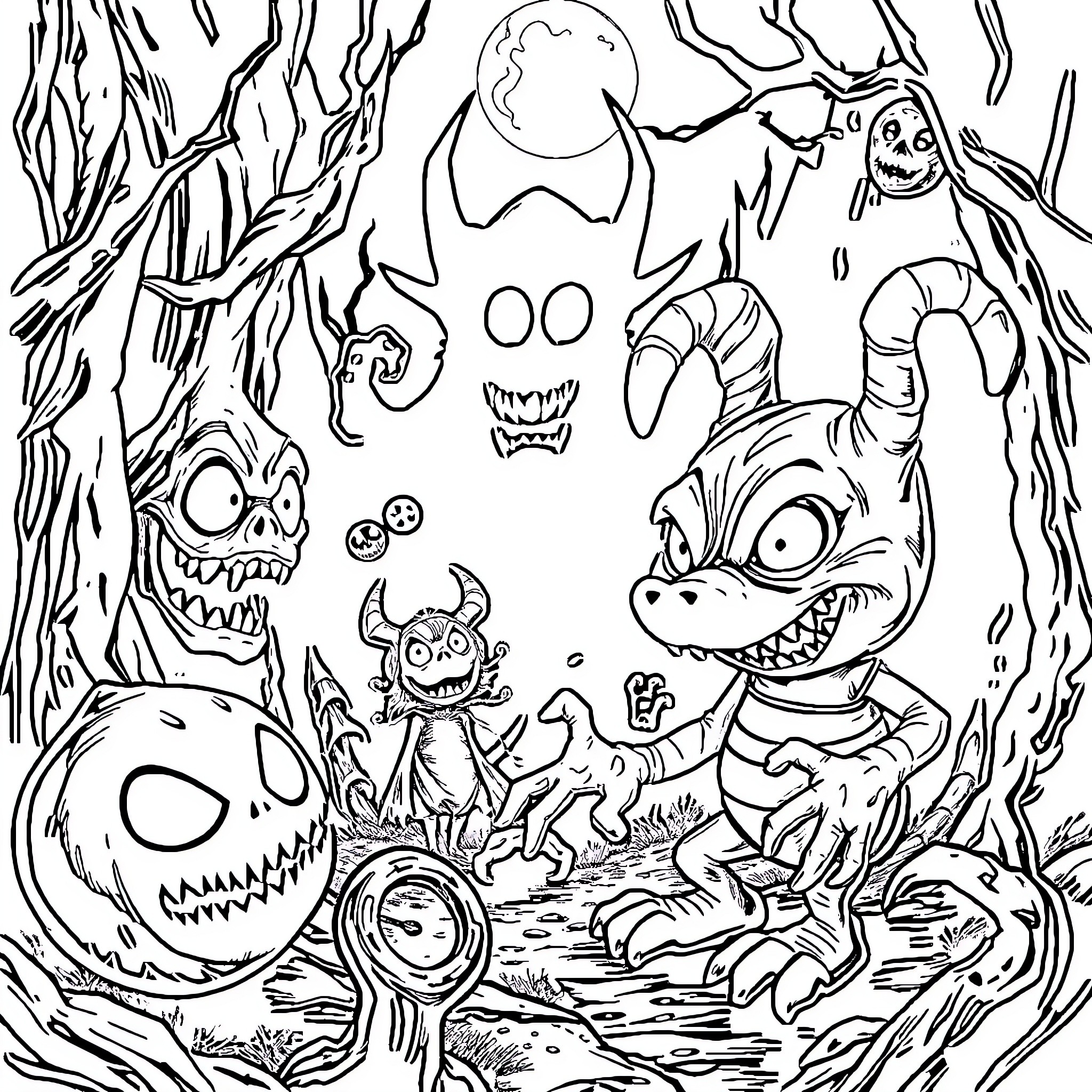 Sprunki's Spooky Woodland Adventure Coloring Page (free black-and-white line drawing printable PDF for all, from beginners to advanced learners, including children, teens, adults, and seniors)