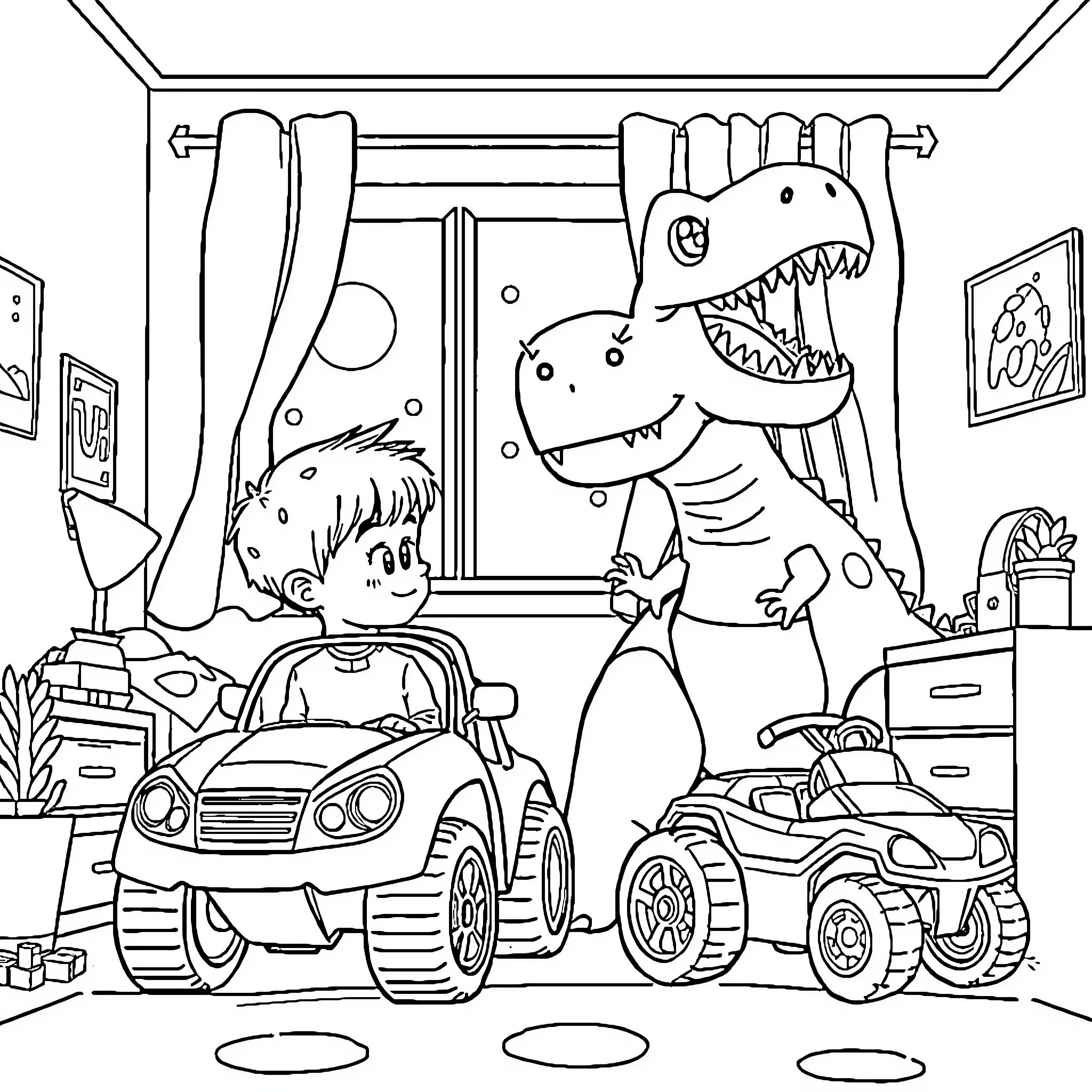 Dino Friends Playing with Toy Cars in Room Coloring Page (free black-and-white line drawing printable PDF for all, from beginners to advanced learners, including children, teens, adults, and seniors)