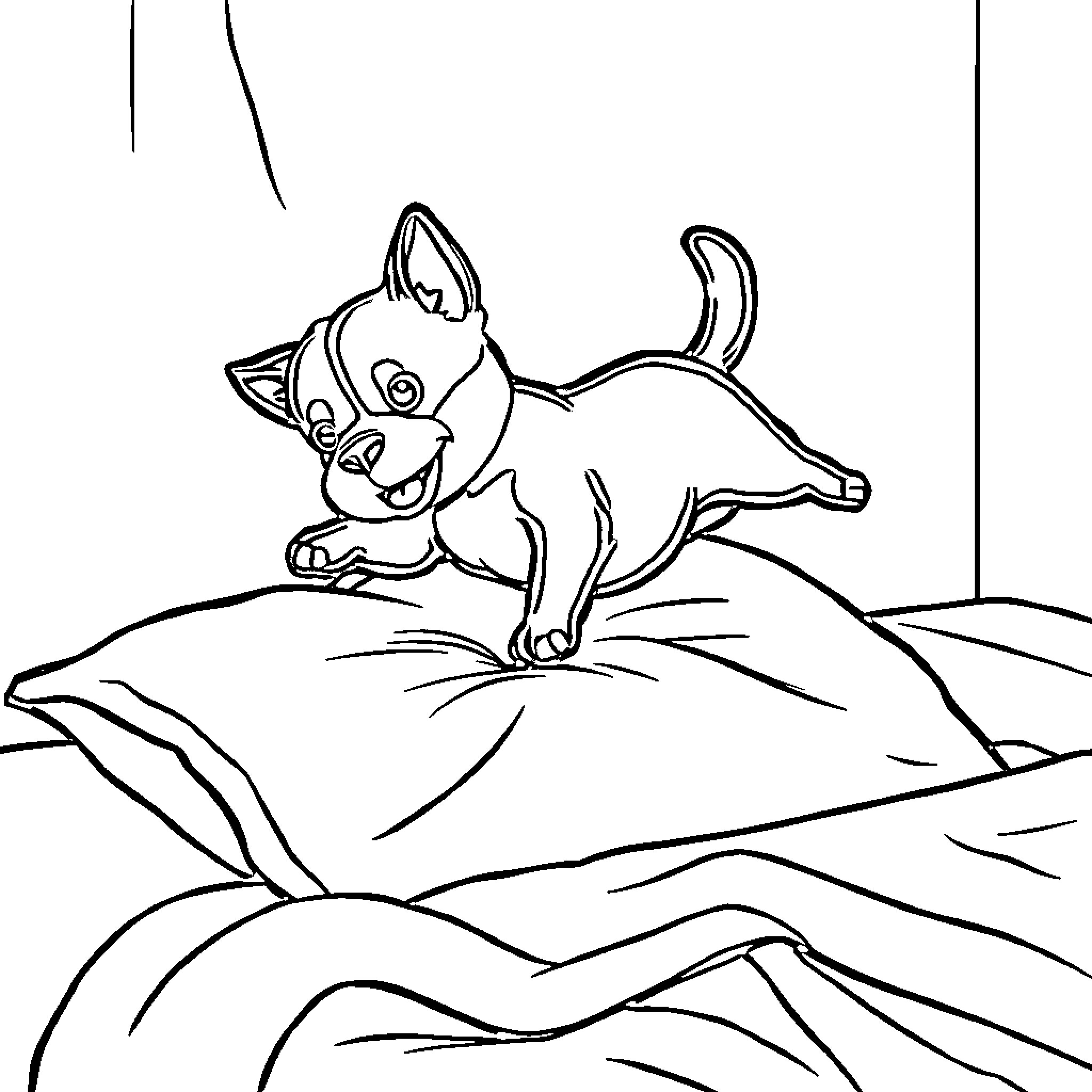 Perrito playing joyfully on the bed Coloring Page (free black-and-white line drawing printable PDF for all, from beginners to advanced learners, including children, teens, adults, and seniors)