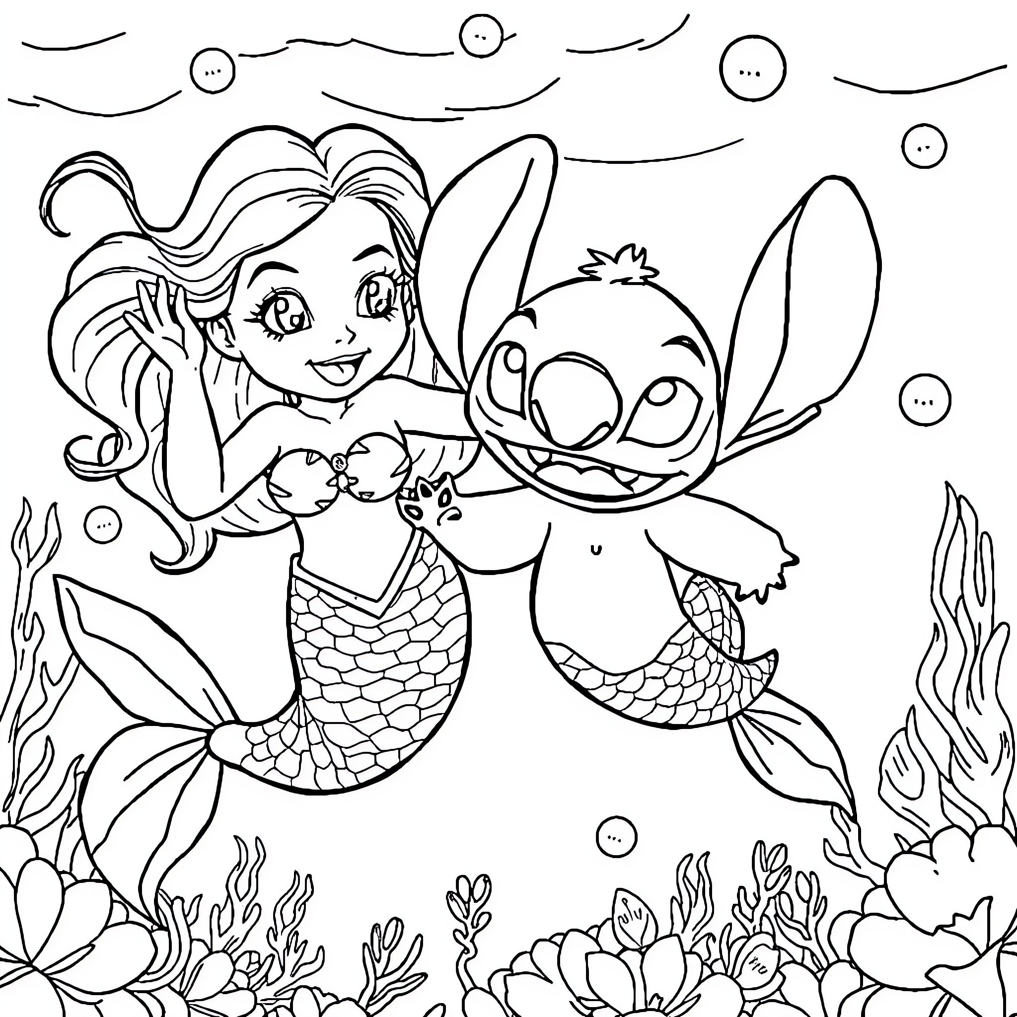 Lilo And Stitch Exploring the Underwater World Coloring Page (free black-and-white line drawing printable PDF for all, from beginners to advanced learners, including children, teens, adults, and seniors)
