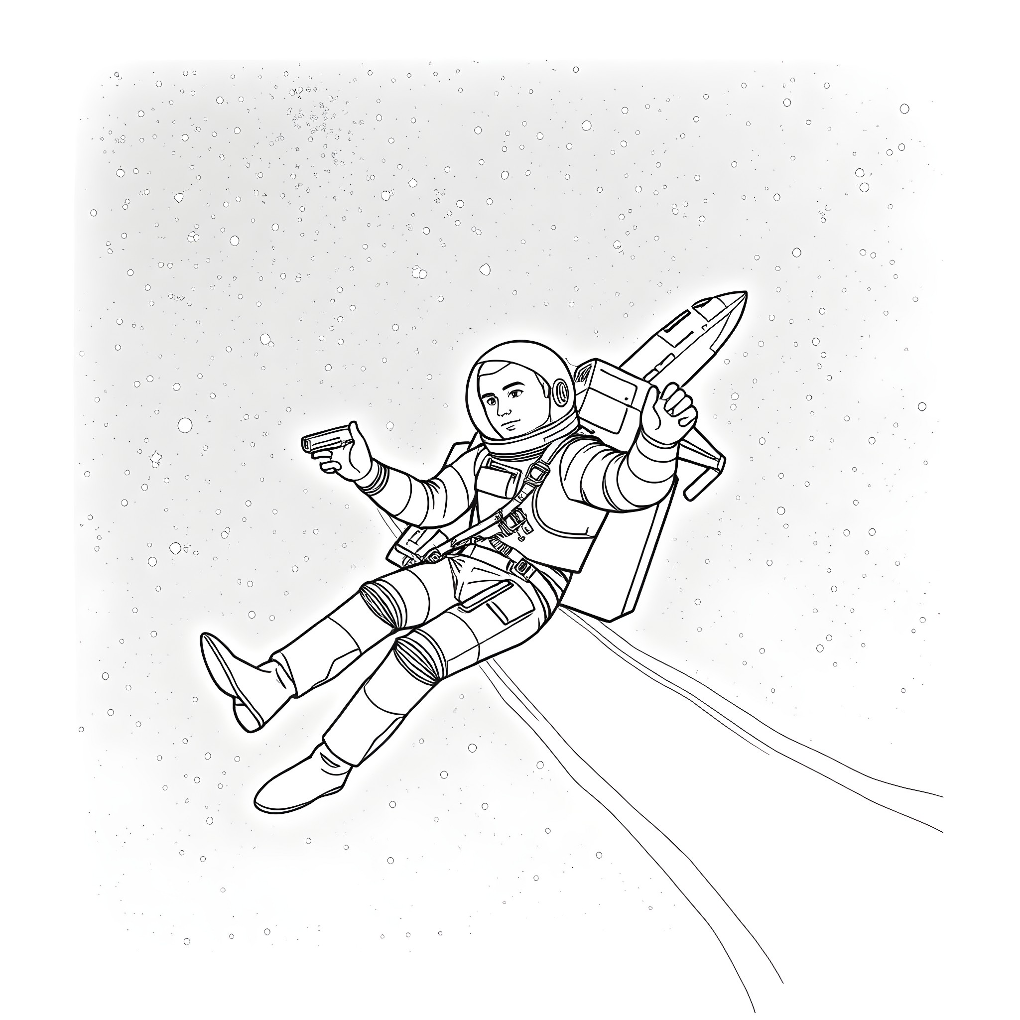 James Bond in Space Suit with Rocket Pack Coloring Page (free black-and-white line drawing printable PDF for all, from beginners to advanced learners, including children, teens, adults, and seniors)