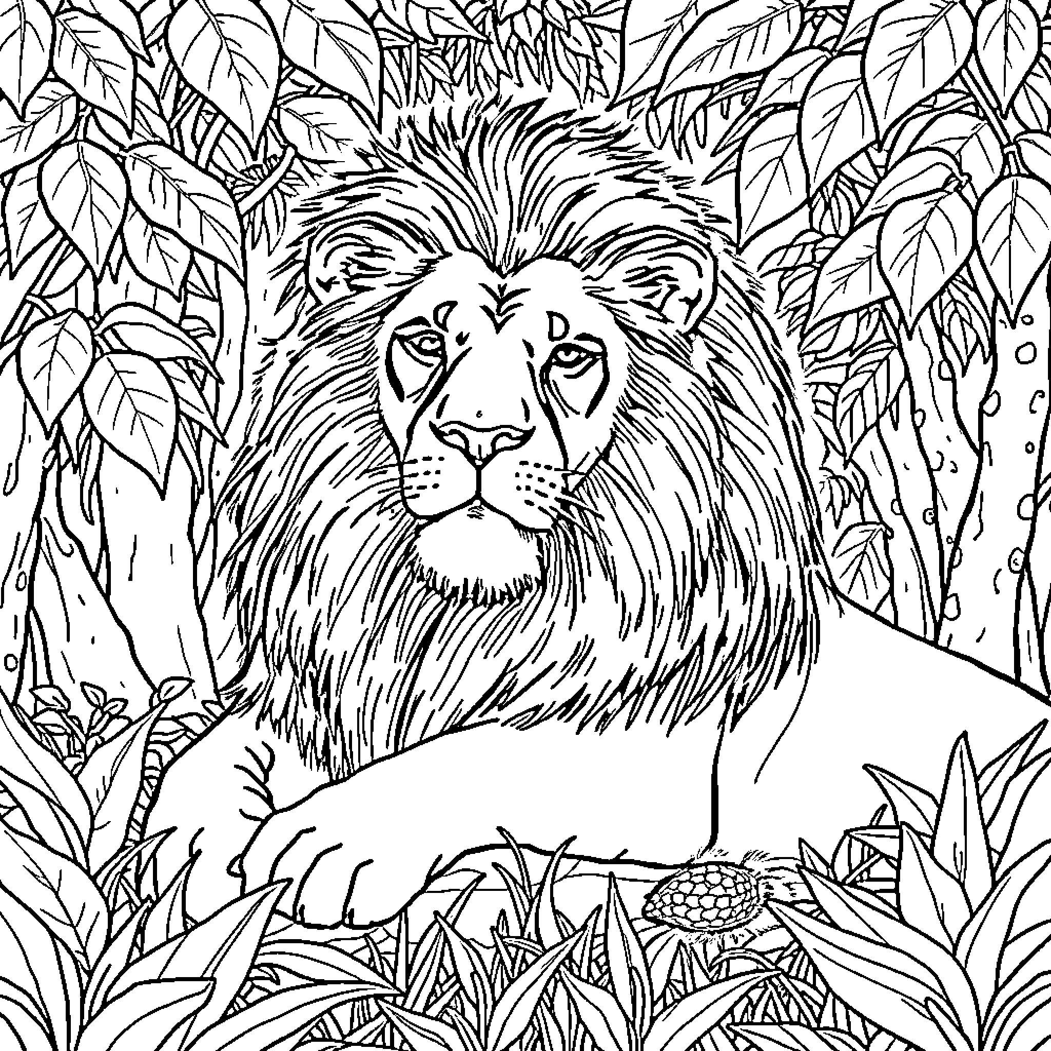 Lion in the Lush Jungle Coloring Page (free black-and-white line drawing printable PDF for all, from beginners to advanced learners, including children, teens, adults, and seniors)