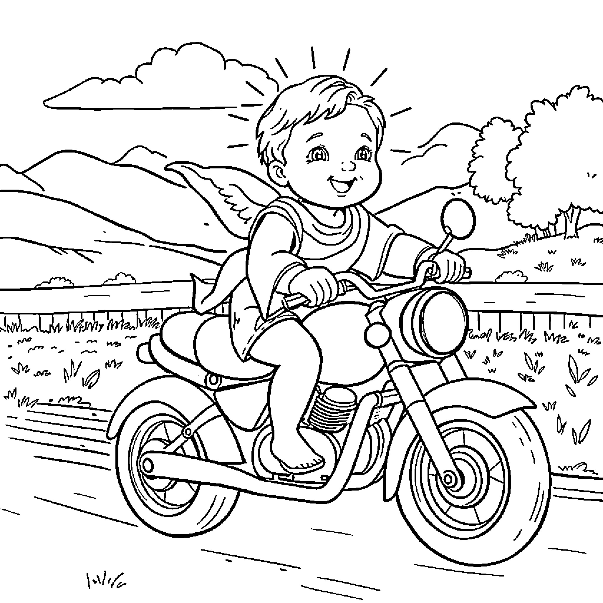 Baby Jesus riding a motorcycle in the countryside Coloring Page (free black-and-white line drawing printable PDF for all, from beginners to advanced learners, including children, teens, adults, and seniors)