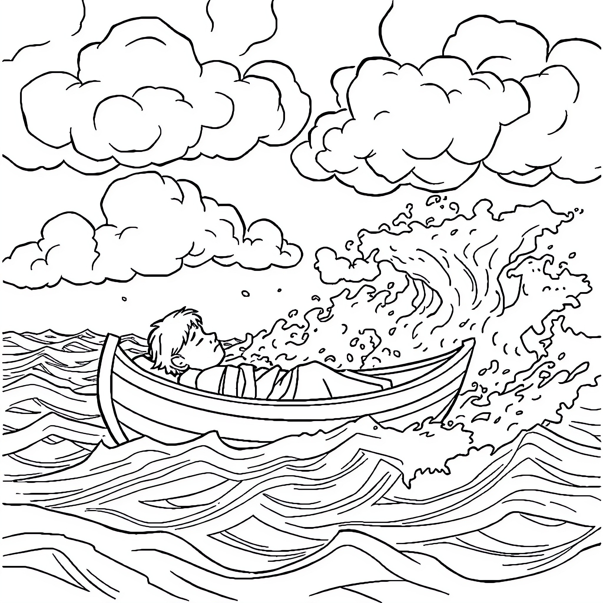 Jonah's perilous journey at sea in a small boat Coloring Page (free black-and-white line drawing printable PDF for all, from beginners to advanced learners, including children, teens, adults, and seniors)