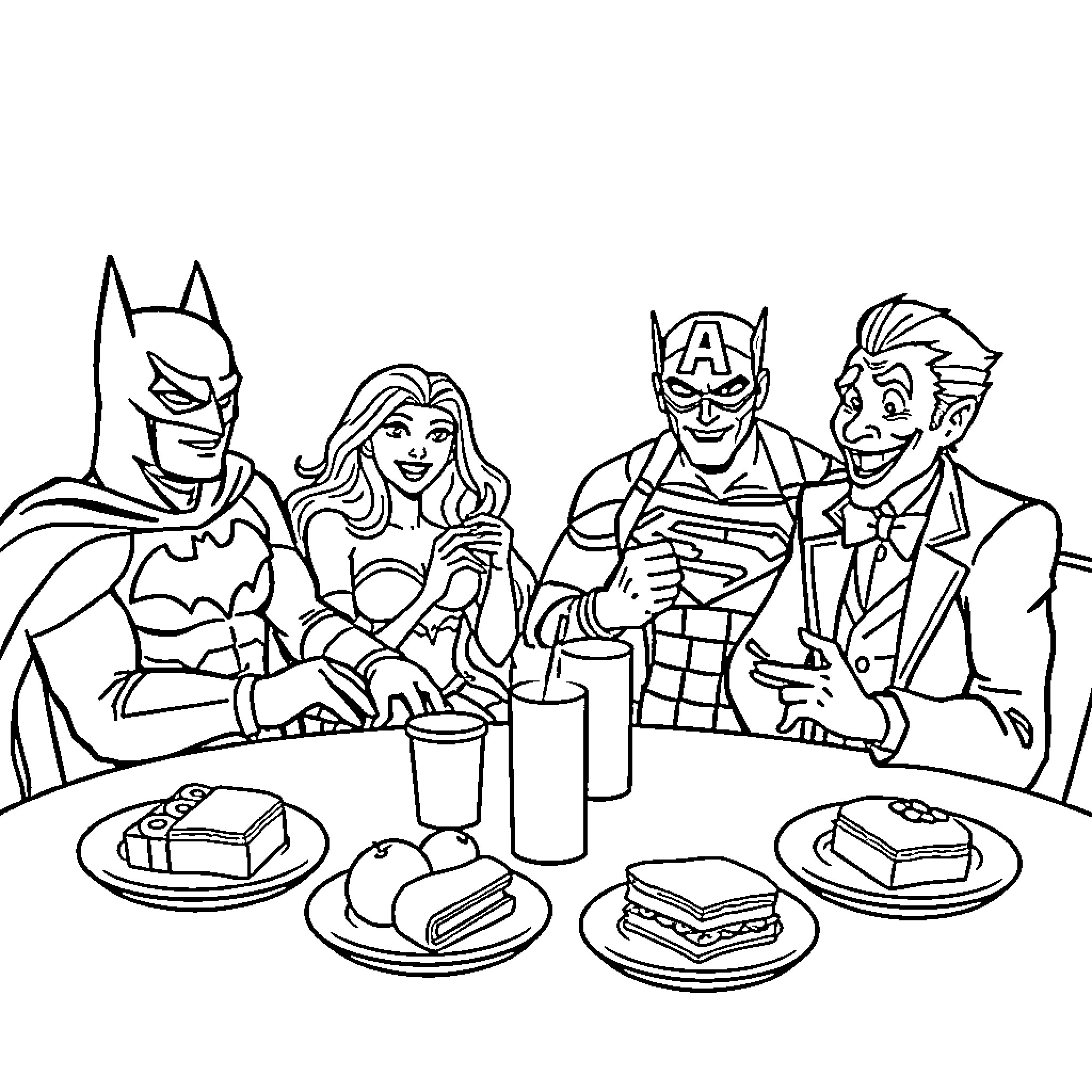 Superheroes Enjoying a Meal Together Coloring Page (free black-and-white line drawing printable PDF for all, from beginners to advanced learners, including children, teens, adults, and seniors)
