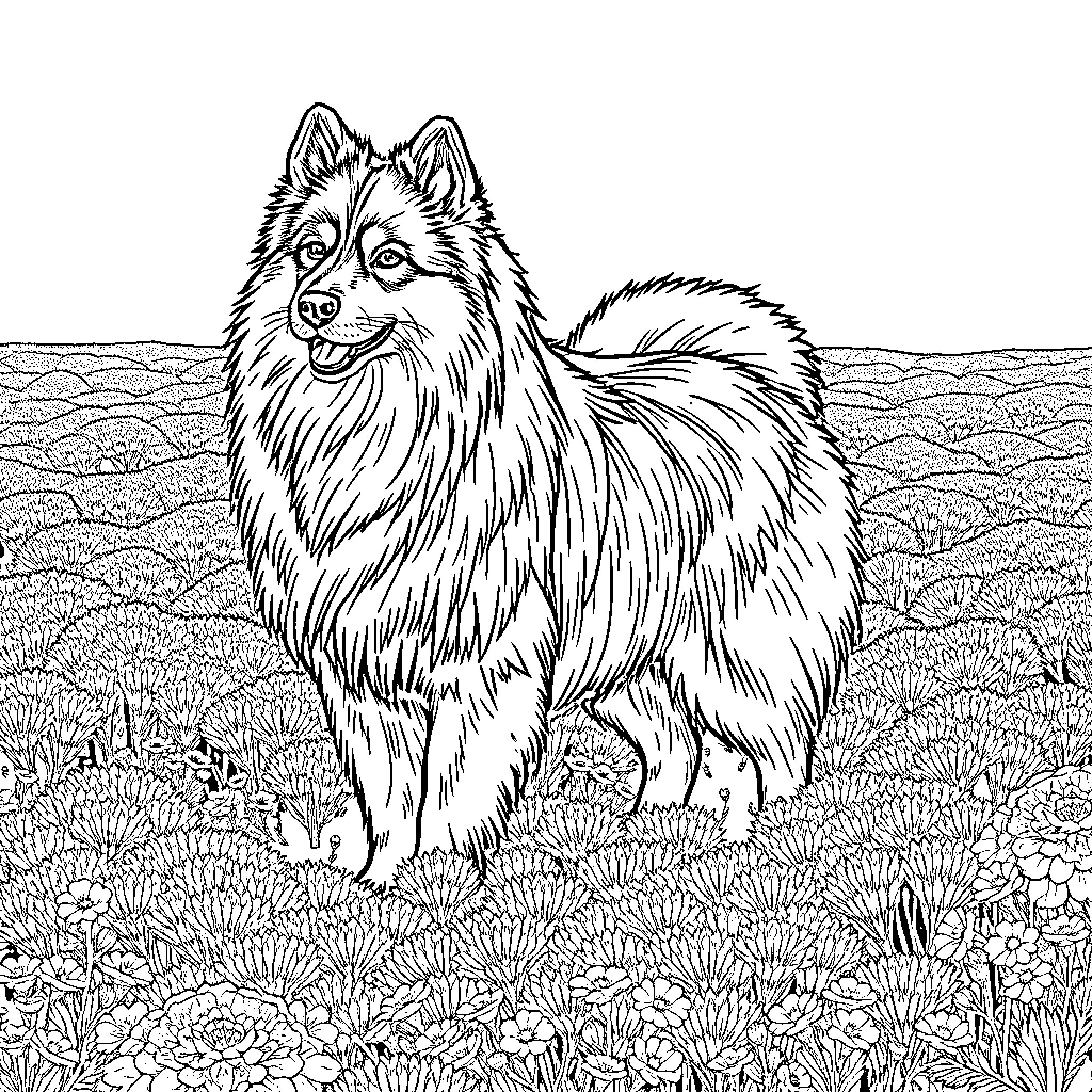 Keeshond standing happily in a flowery meadow Coloring Page (free black-and-white line drawing printable PDF for all, from beginners to advanced learners, including children, teens, adults, and seniors)