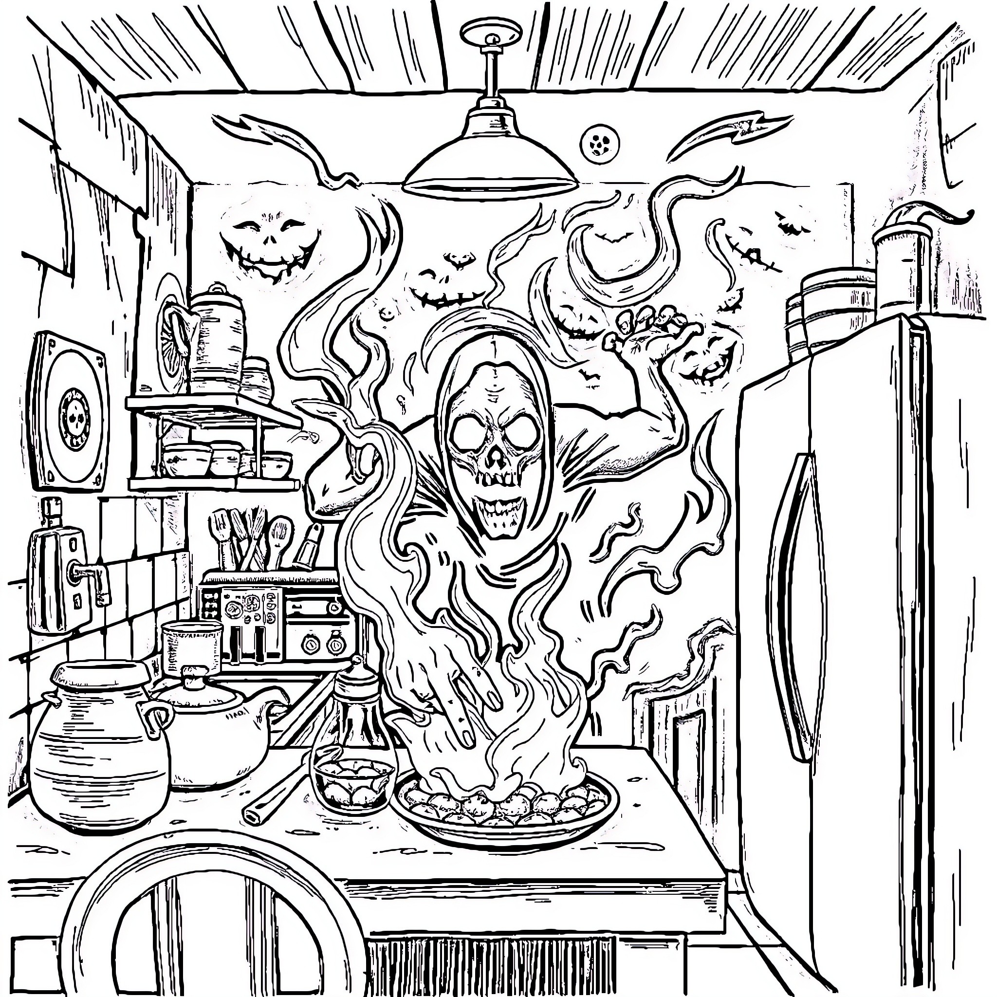 Emotion-filled Spooky Haunted Kitchen Scene Coloring Page (free black-and-white line drawing printable PDF for all, from beginners to advanced learners, including children, teens, adults, and seniors)