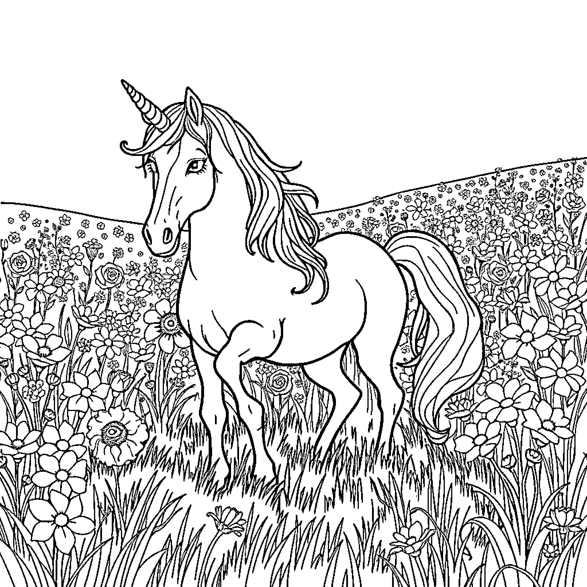 Unicorn standing gracefully in a vibrant floral meadow Coloring Page (free black-and-white line drawing printable PDF for all, from beginners to advanced learners, including children, teens, adults, and seniors)